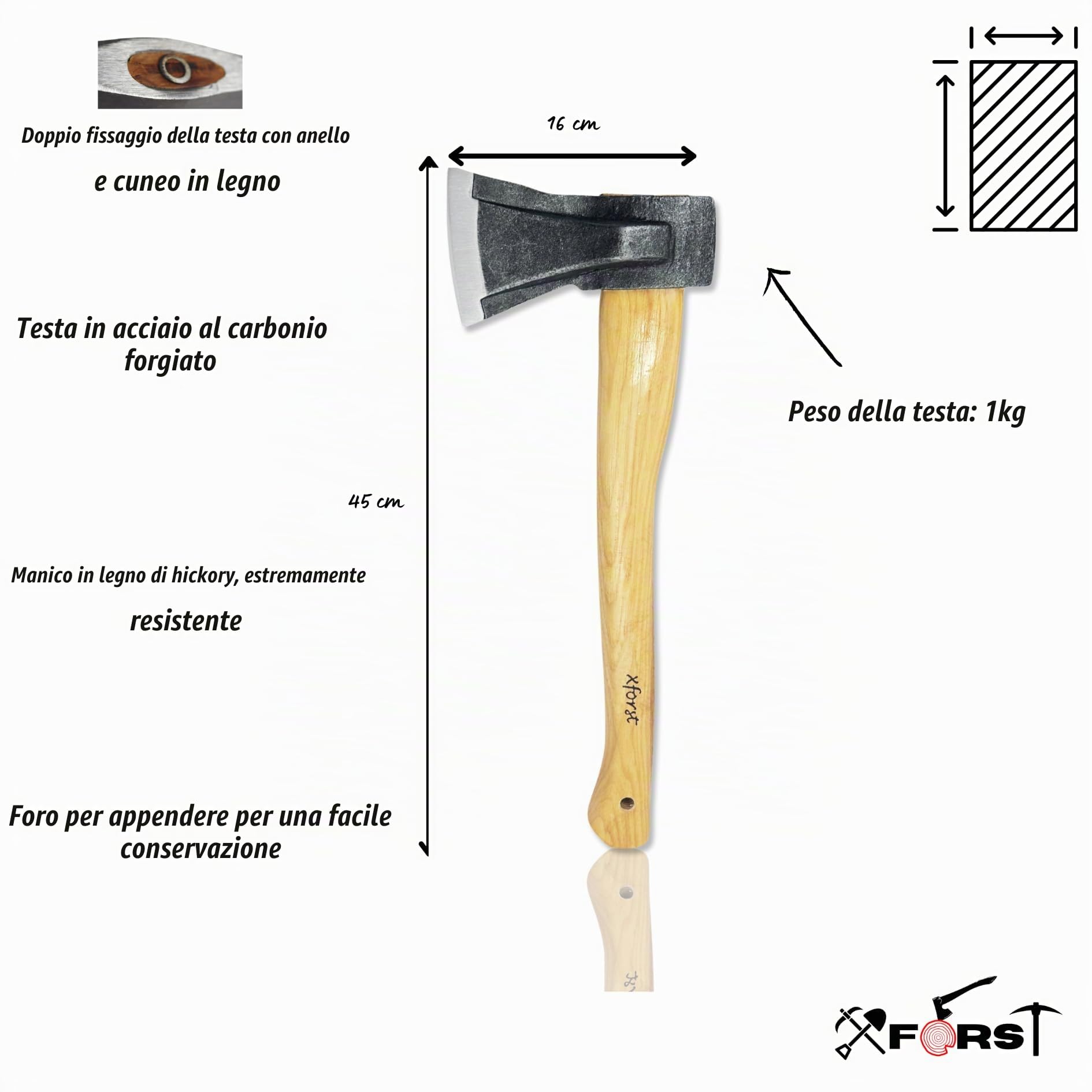 Xforst Ascia da Spacco con Manico in Legno di Hickory – Testa da 1 kg in Acciaio al Carbonio Forgiato – Peso Totale 1,37 kg – Ascia per Legna da Camino e Lavori da Giardino – con Fodero Protettivo
