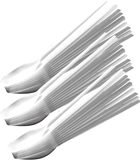 AQZONE Reusable White Plastic Desert Spoons with Heavy Duty Material Ideal for Parties, Events, Birthday | Plastic Spoons | Disposable Spoons | Small Plastic Spoons | Dessert Spoons | Pack of 50