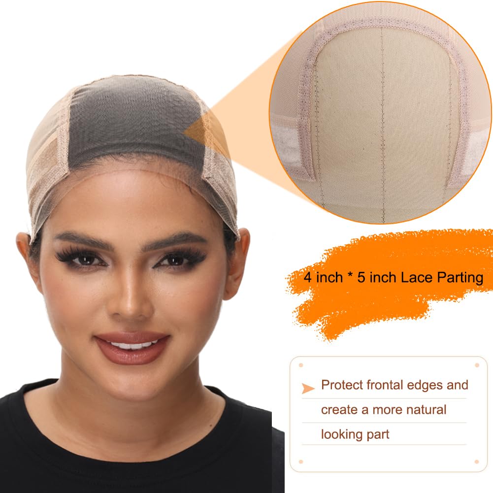 PORSMEER Lace Wig Cap with Grip Band for Keeping Wigs In Place 4x5 Wider Transparent Lace for Lace Front Wig Non-slip Cap for Glueless Wig Adjustable Wig Grip Cap with Velcro Headband (Nude) - Image 2