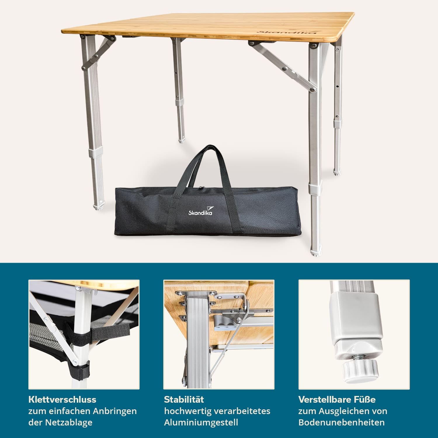 Skandika Bambus Campingtisch Tolja | Faltbarer Tisch mit Netzablage, versch. Größen, 3-Fach höhenverstellbar, Alu, Holz, wetterfest, UV-beständig