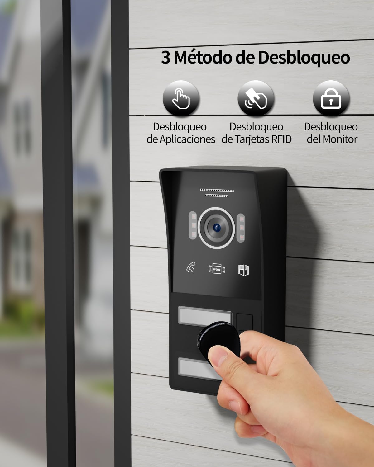 A person pressing the doorbell button on the JeaTone outdoor unit, illustrating easy communication with visitors.