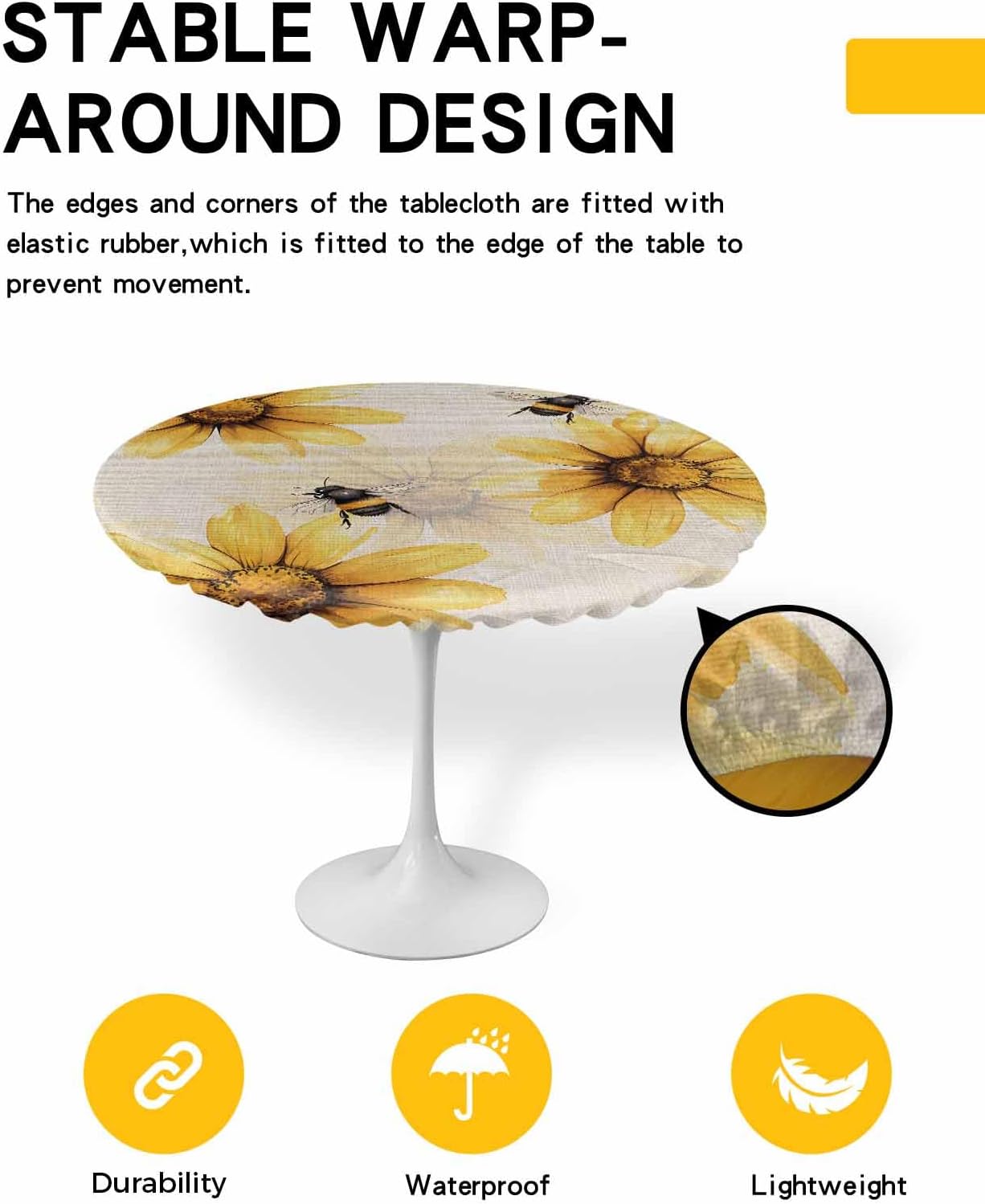 Summer Floral Round Tablecloth Yellow Daisy and Bees Fitted Table Cover with Elastic Edge Rustic Linen Texture Waterproof Table Cloth for Dining Cafe Picnic, Fits Round Table up to 45"-54" Diameter