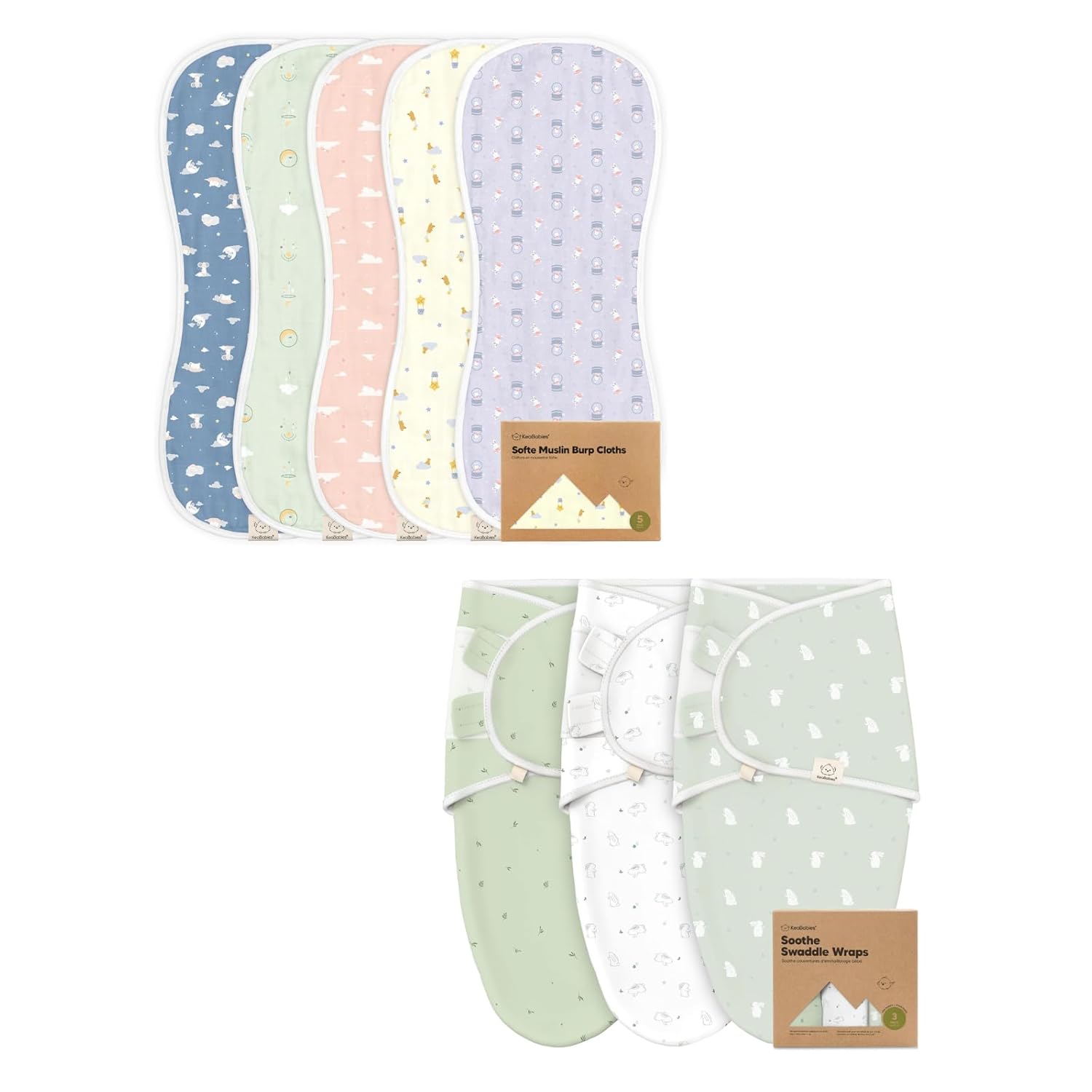 KeaBabies 5-Pack Muslin Baby Burp Cloths for Boys and Girls and 3-Pack Baby Swaddle Sleep Sacks - Cotton Kids Washcloths, Burping Rags - Newborn Swaddle Sack