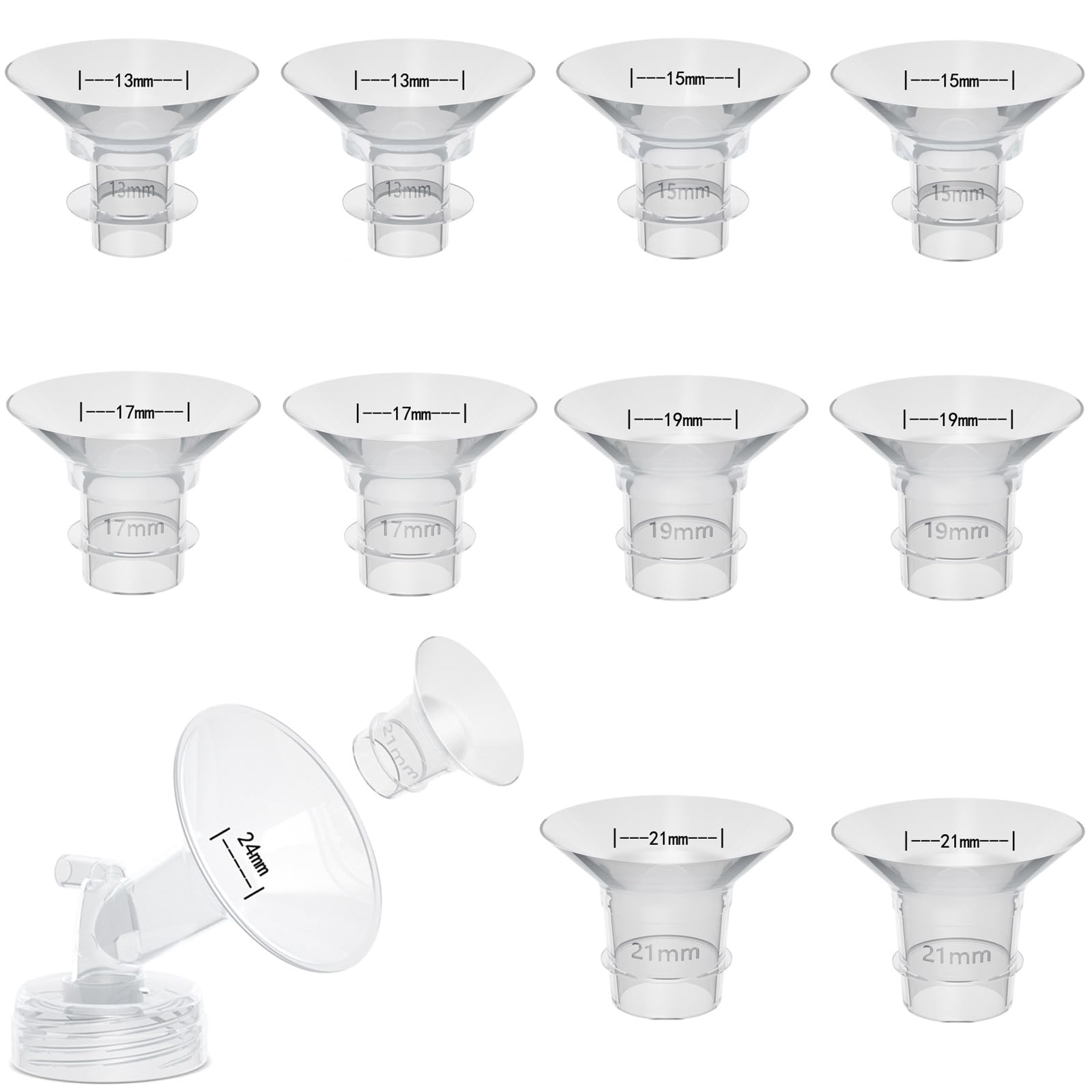 Flange Inserts 10PCS 13/15/17/19/21mm*2 Compatible with Momcozy Air 1/W1/M9/M6/M5/S9pro/S12pro/Spectra/Eufy/Medela/Spectra/Elvie/Lansinoh Breast Pump,Reduce 24mm Tunnel Down to Correct Size