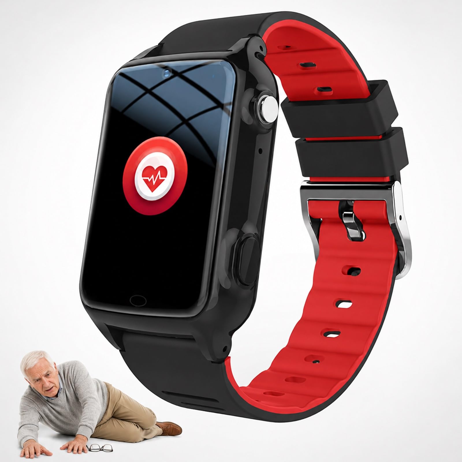 Montre Intelligente GPS 4G pour Seniors avec Détection de Chutes & SOS | Moniteur de Fréquence Cardiaque, Appel Bidirectionnel, Suivi Localisation, Étanche IP67 Bracelet d'Alerte(Red)