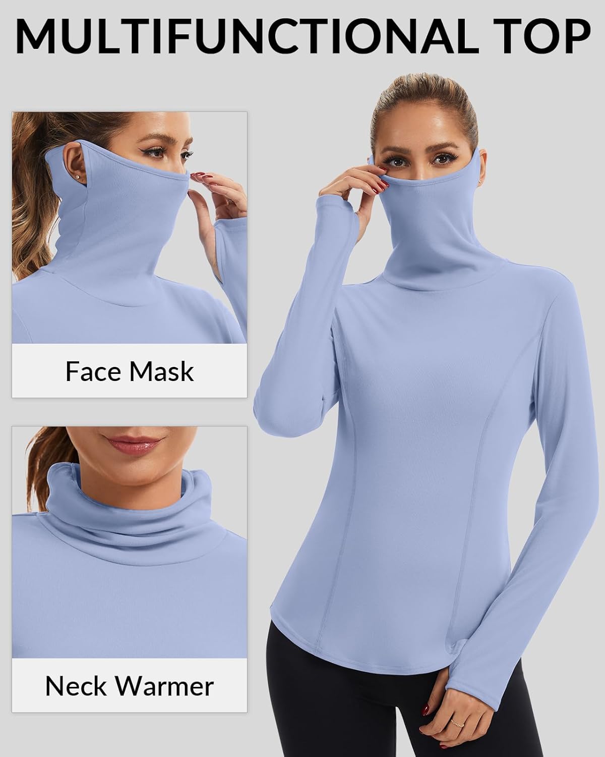 WOWENY Thermal Turtleneck Tops for Women Long Sleeve Shirts Running Base Layer with Face Mask Neck Gaiter Thumbholes - Image 4