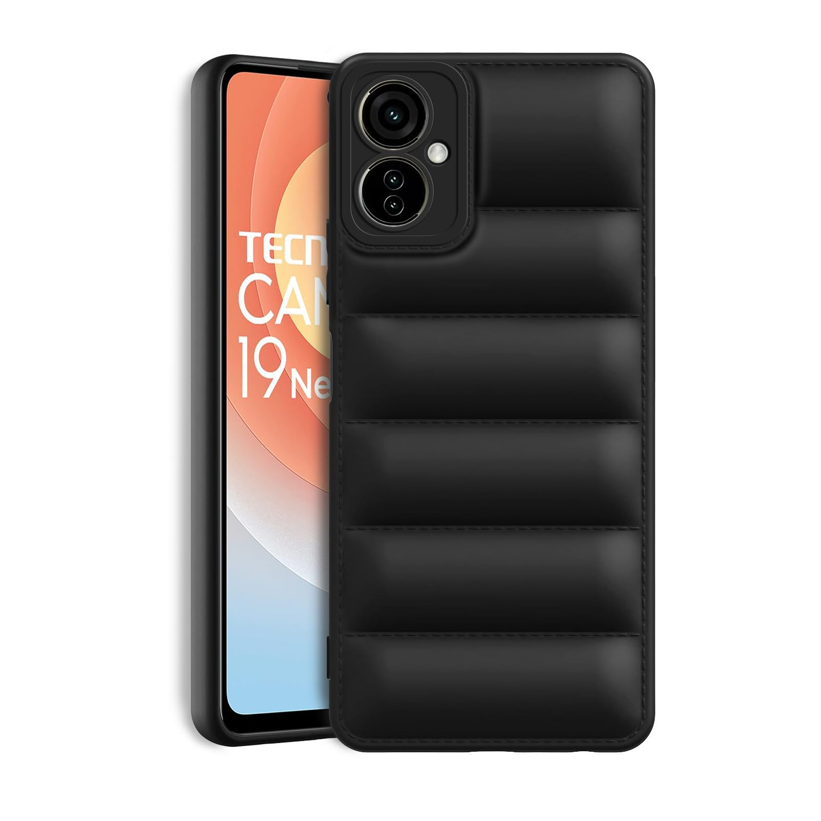 Amazon Brand - Solimo Puffer Case Camera Protection Soft Back Cover for Tecno Camon 19 Neo - Black - Rubber