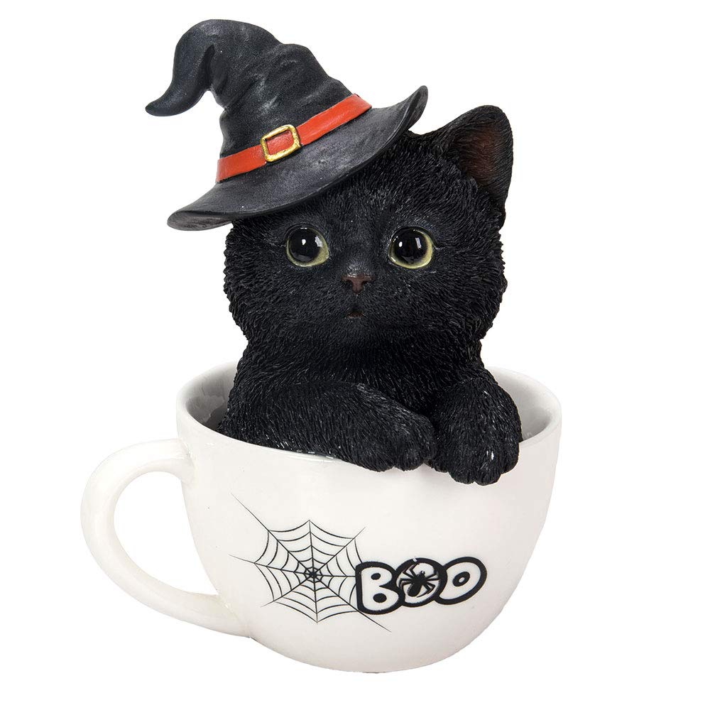Pacific Giftware Schwarze Hexen Katze in Tasse 16 cm - Figur Deko Statue Halloween Kitty Hexenhut