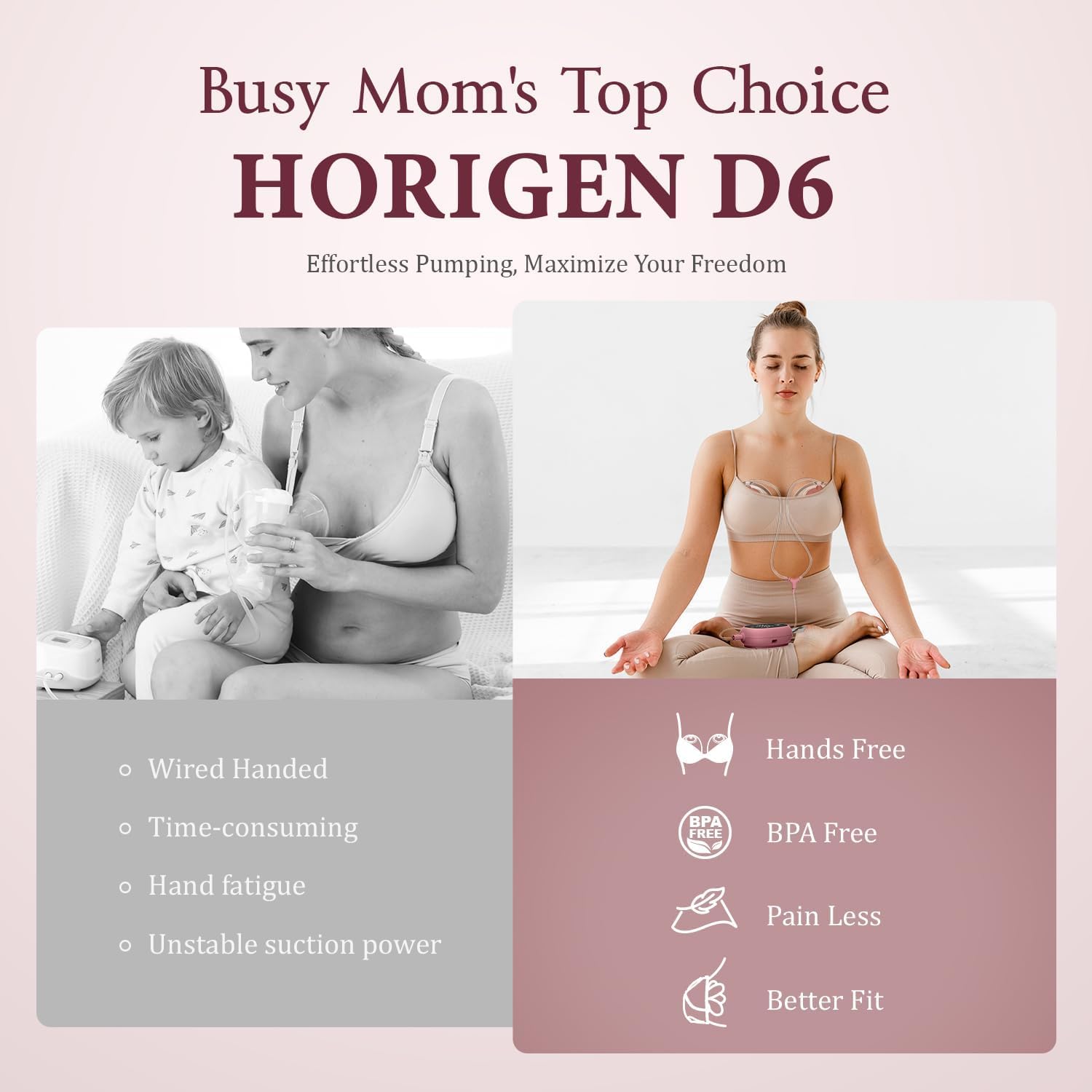 Horigen Extractor de leche manos libres D6, extractor de leche ultraligero con brida suave de doble sellado, 25 mm, bomba eléctrica portátil silenciosa y a prueba de fugas, 3 modos y 9 niveles, motor