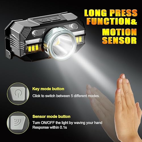 Miniatura 3 de OUVR Linterna de cabeza, linterna LED recargable con luz blanca y roja, IPX5 impermeable con sensor de movimiento, 5 modos para acampar al aire