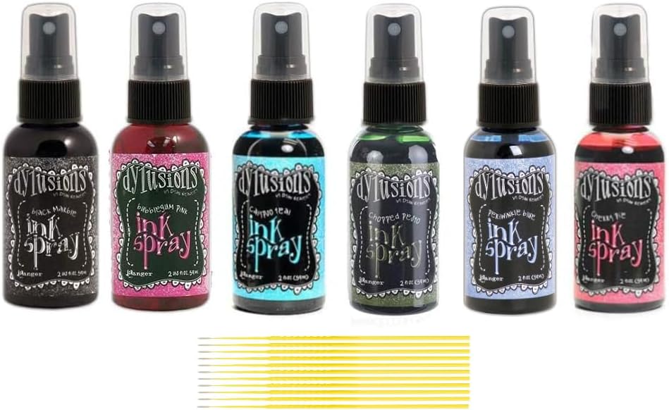 Dylusions - Bold Ink Spray Collection - Cherry Pie, Periwinkle Blue, Black Marble, Bubblegum Pink, Chopped Pesto, Calypso Teal - with Exclusive Purple Turtle Detail Picks