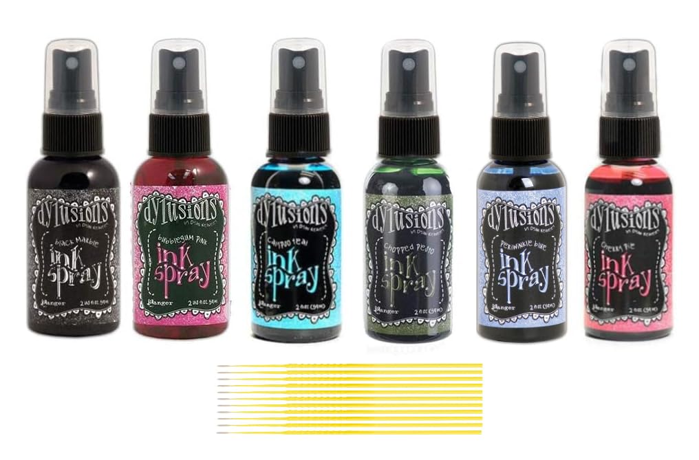 Dylusions - Bold Ink Spray Collection - Cherry Pie, Periwinkle Blue, Black Marble, Bubblegum Pink, Chopped Pesto, Calypso Teal - with Exclusive Purple Turtle Detail Picks