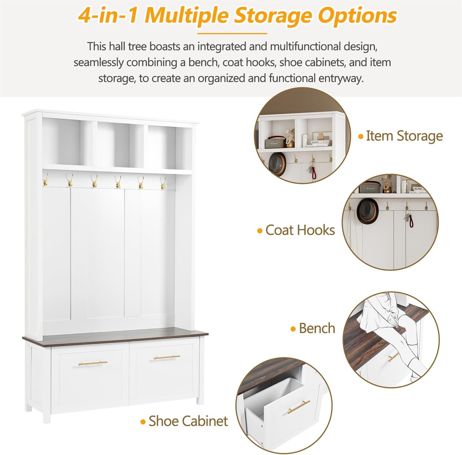 Linique Entryway Hall Tree with 2 Storage Drawers, Brown Wood Grain Bench Seat, 6 Golden Metal Hooks and Handles, Top Shelf, Wooden Hallway Coat Rack, Modern Coat Hanger for Living Room, White