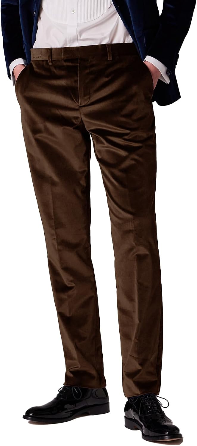 Men's Velvet Pants Classic-Fit Flat Front Dress Pants Wrinkle-Resistant Formal Trousers for Wedding Party