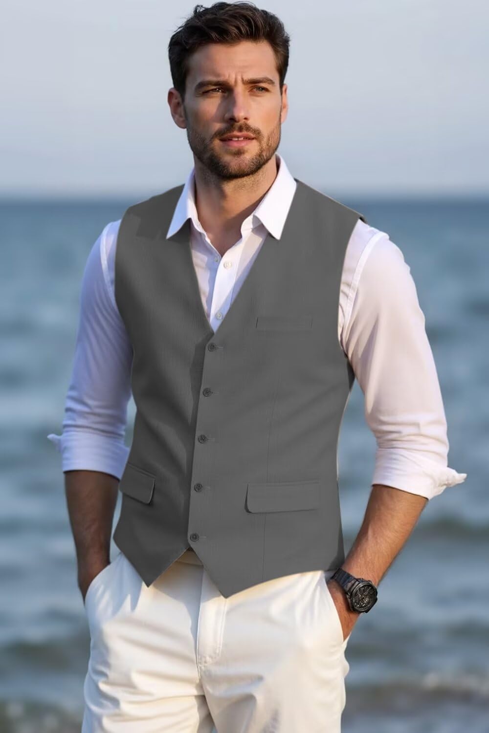 Solovedress Herren Elegant Anzugweste Herrenwesten Sommer Leinen Weste für Hochzeit und Party