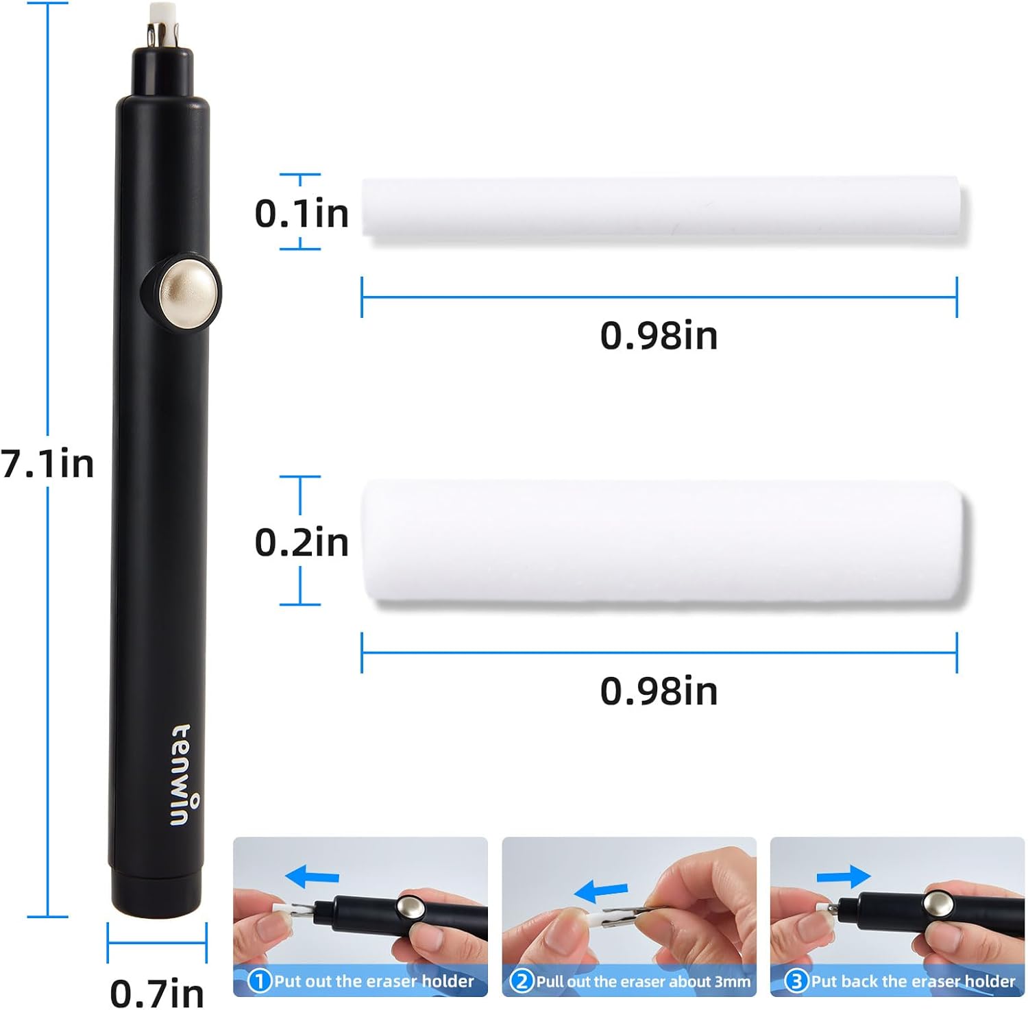 Diagram showing the dimensions of the tenwin Electric Pencil Eraser and how to insert and adjust eraser refills.