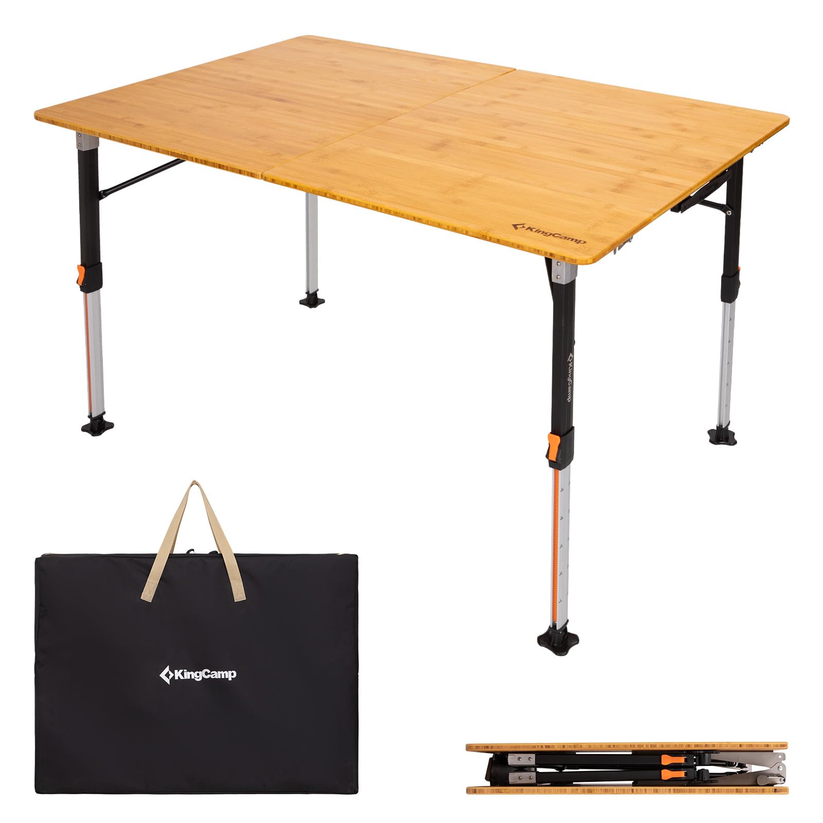 KingCamp Bamboo Folding Table, 4-Fold Camping Adjustable Height Portable Outdoor Lightweight & Compact Table with Aluminum Frame for RV Picnic BBQ Tailgating