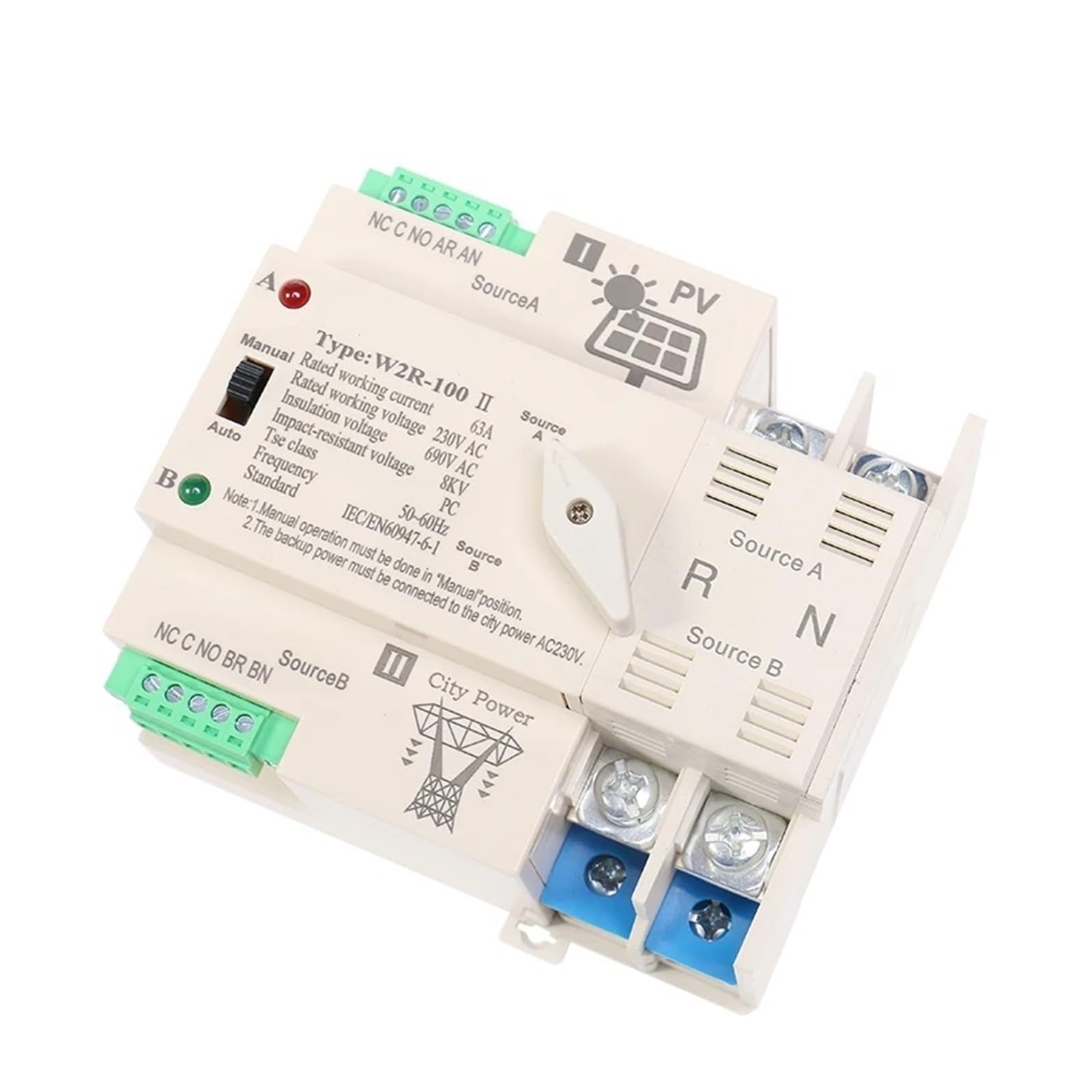 ANTBEEOn-Grid Solar Power Automatic Transfer Switch Din Rail 2P 3P 4P 63A 100A AC220V ATS PV System Power to City Power W2R (Color : 2P 63A, Size : PV 110V)