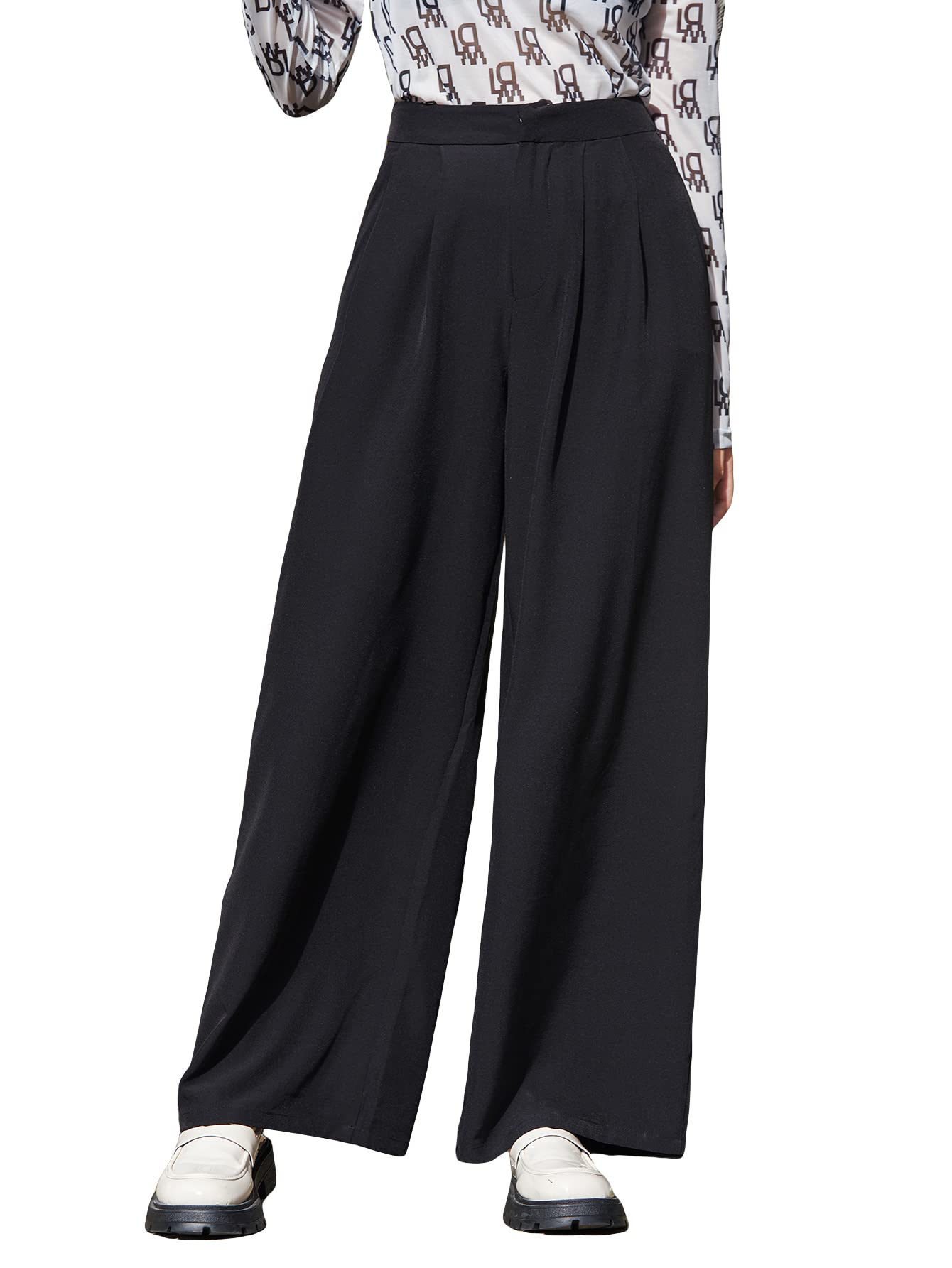 Floerns Womens Casual Wide Leg High Waisted Palazzo Pleated Pants Trousers Black Plain M