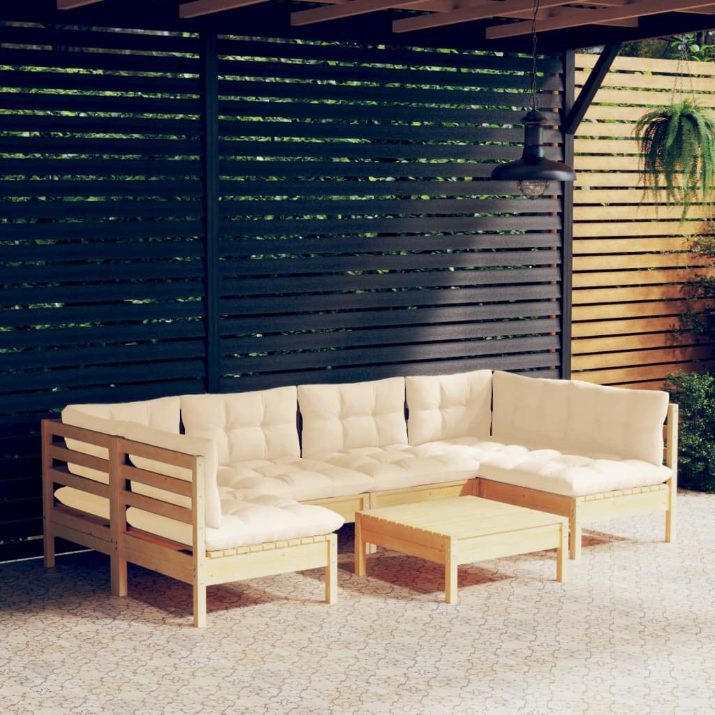 Juego de muebles de jardín de madera maciza de pino de 7 piezas, muebles modulares para terraza y jardín, cojines de color blanco crema, incluye 2 sofás esquineros, 4 sofás centrales y 1