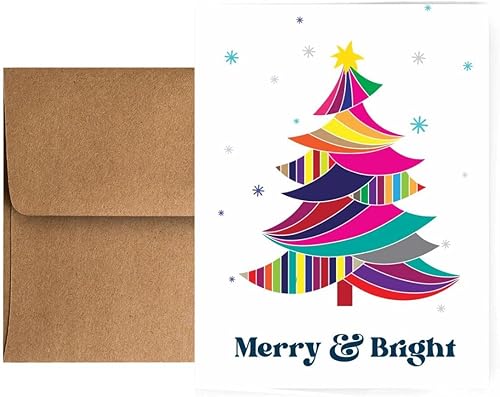 Paper Frenzy Tarjetas navideñas artísticas coloridas para árbol de Navidad con sobres de estraza - Paquete de 25