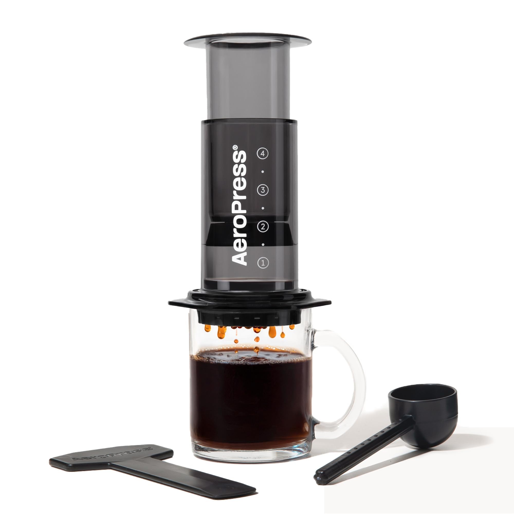 AeroPress Clear Black Coffee Press - All-in-One French Press, Pour-Over & Espresso Style Manual Brewer, 2 Min Brew for Less Bitterness, More Flavor, Small Portable Coffee Maker, Travel & Camping