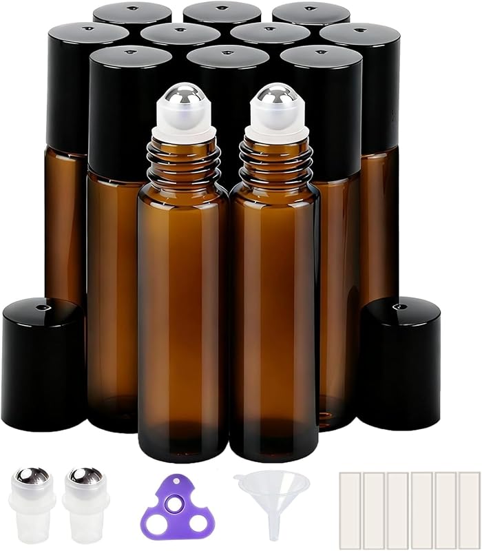 PrettyCare Frascos Roll-on de Vidro Âmbar com Esfera de Aço Inoxidável, 10 mL, Pacote com 12
