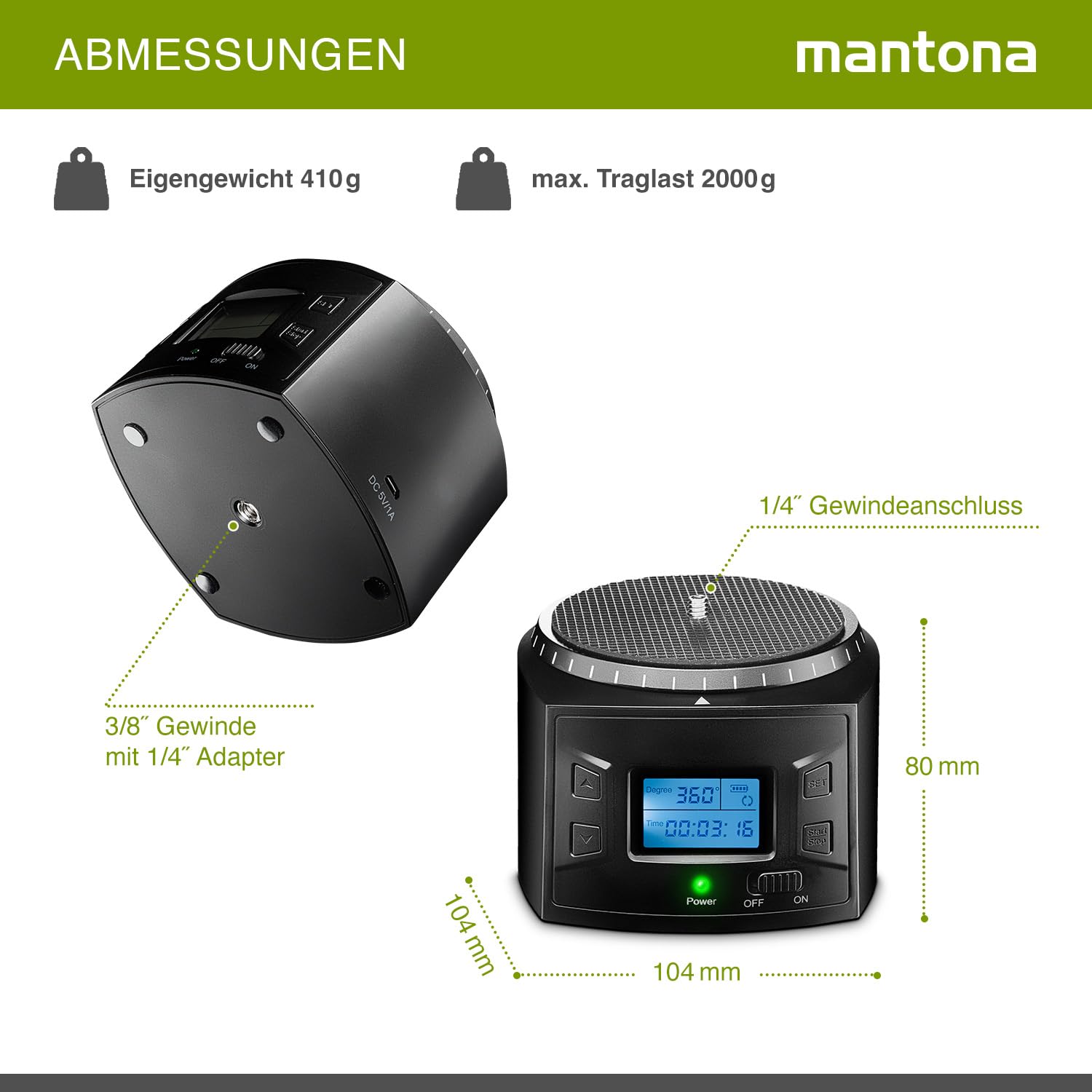 Mantona Elektrischer 360° Panoramakopf, Schwenkkopf mit Endlosrotation, Stativkopf für Panorama, Kamera Zubehör für GoPro Action-Kameras & Smartphones