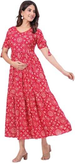 Women Rayon Floral Print Maternity Gown with Flared Hem and Short Sleeves