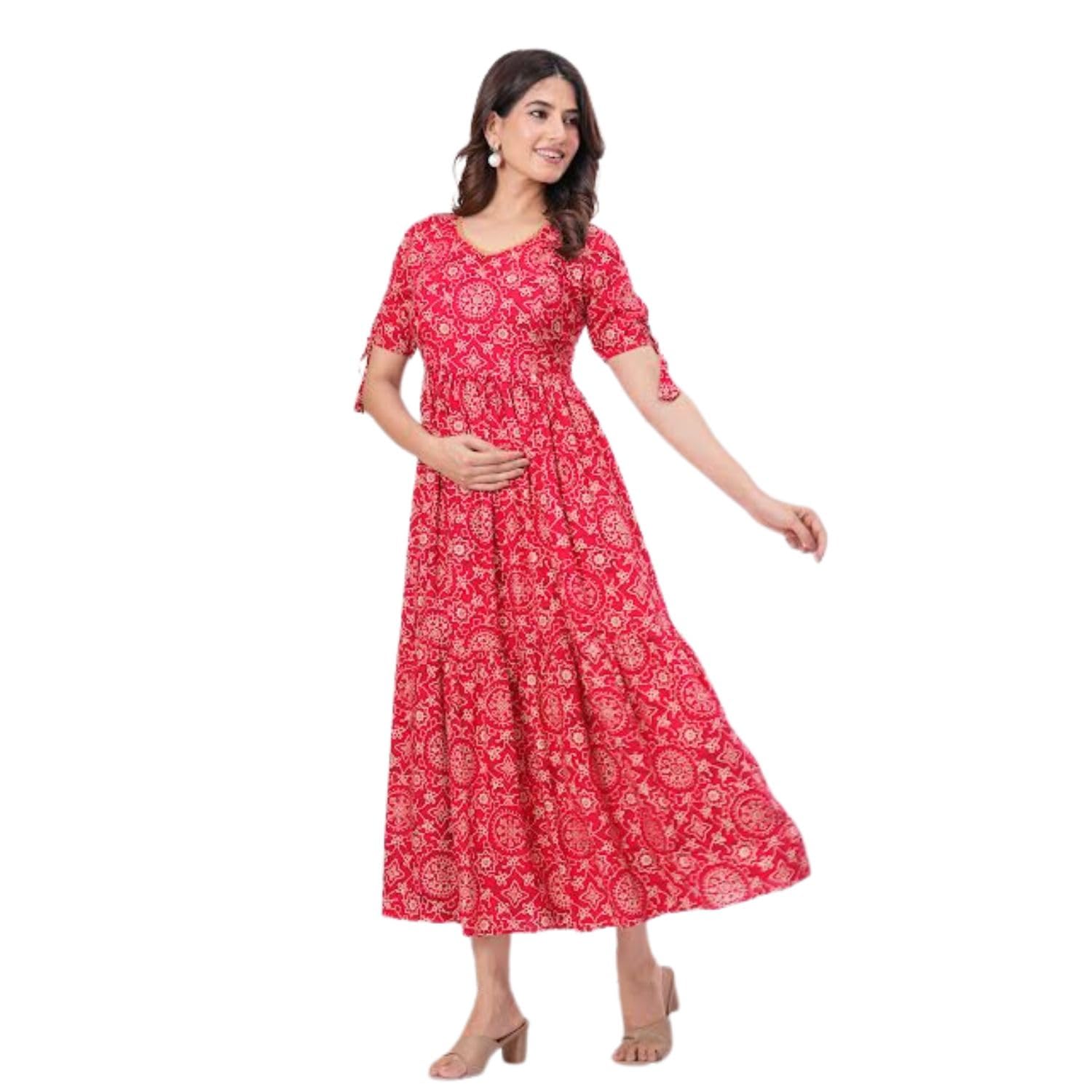 Women Rayon Floral Print Maternity Gown with Flared Hem and Short Sleeves-image-38