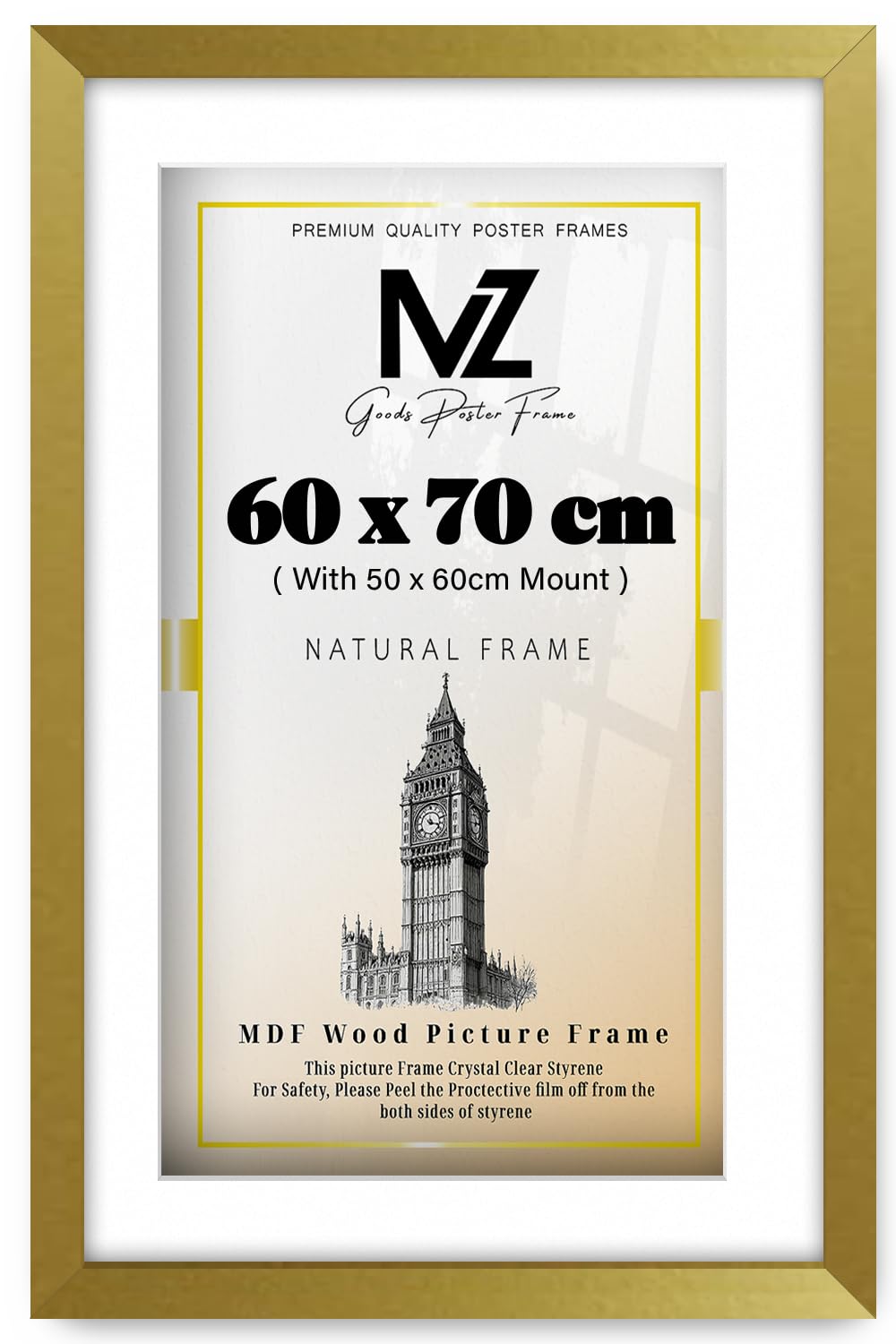 MZ GOODS | MDF Luxury Picture Frame (60 x 70 cm) With 600 x 500 mm White Mount Modern Wall Hanging | 24" x 28" Painting, Poster, Decorative Frame [ Gold ] — image 1