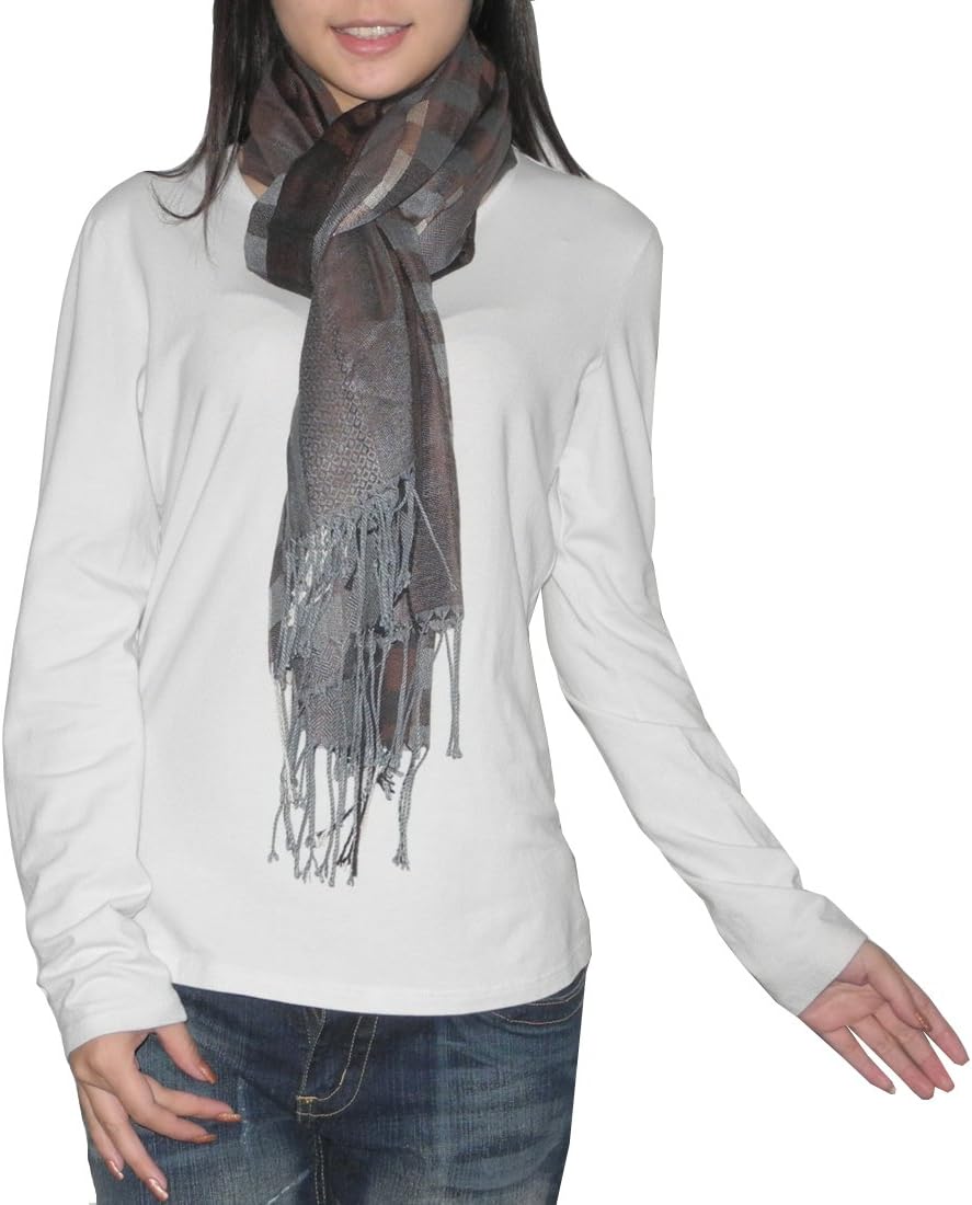 Womens Super-Soft Tassel Neck Scarf With Vivid Vibrant Colors Brown & Grey