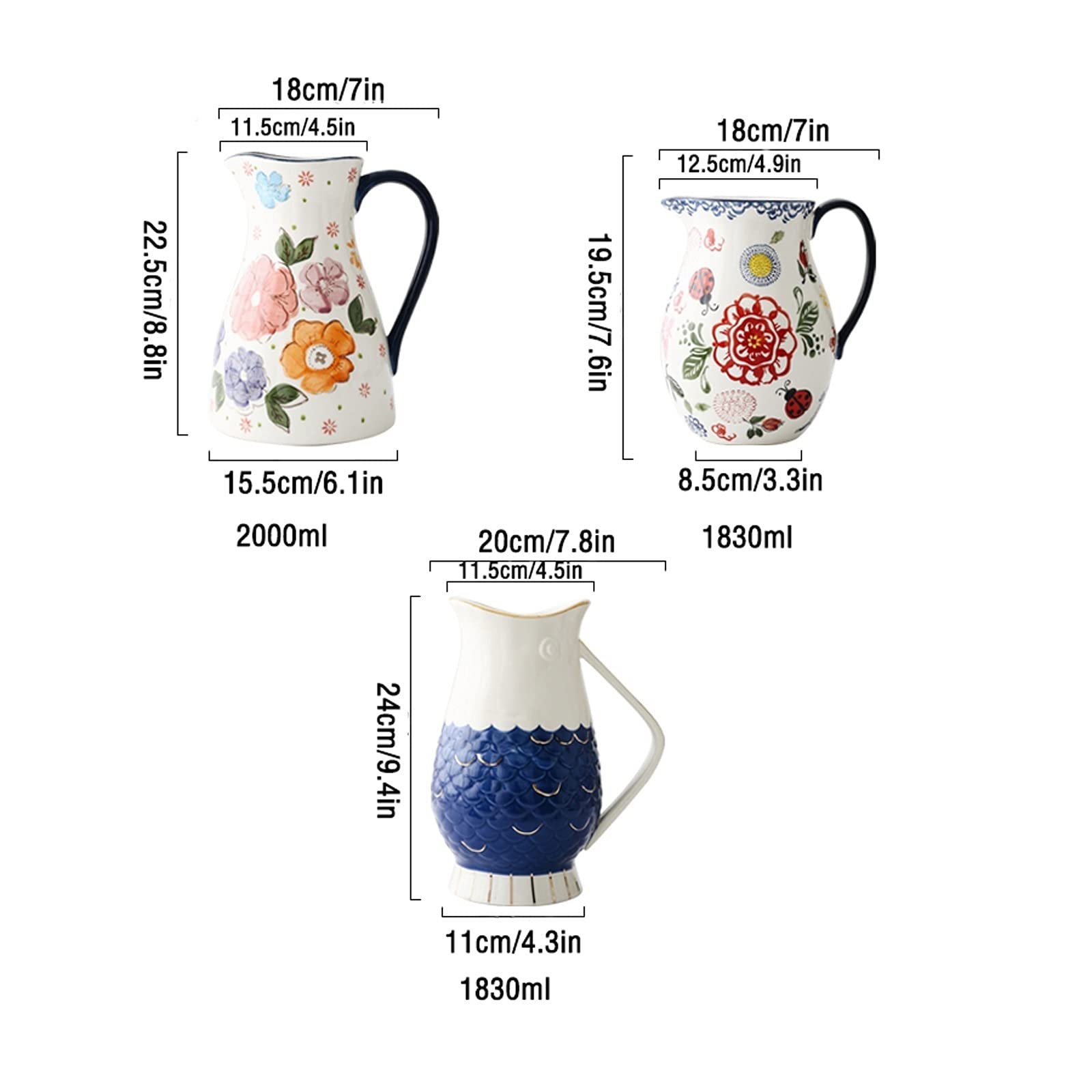 Pichets Pichet en céramique Peint à la Main avec Manche à Grande capacité à Grande température for Le Lait de jus froids ou Chauds Pot de Jus (Color : 1.8L)
