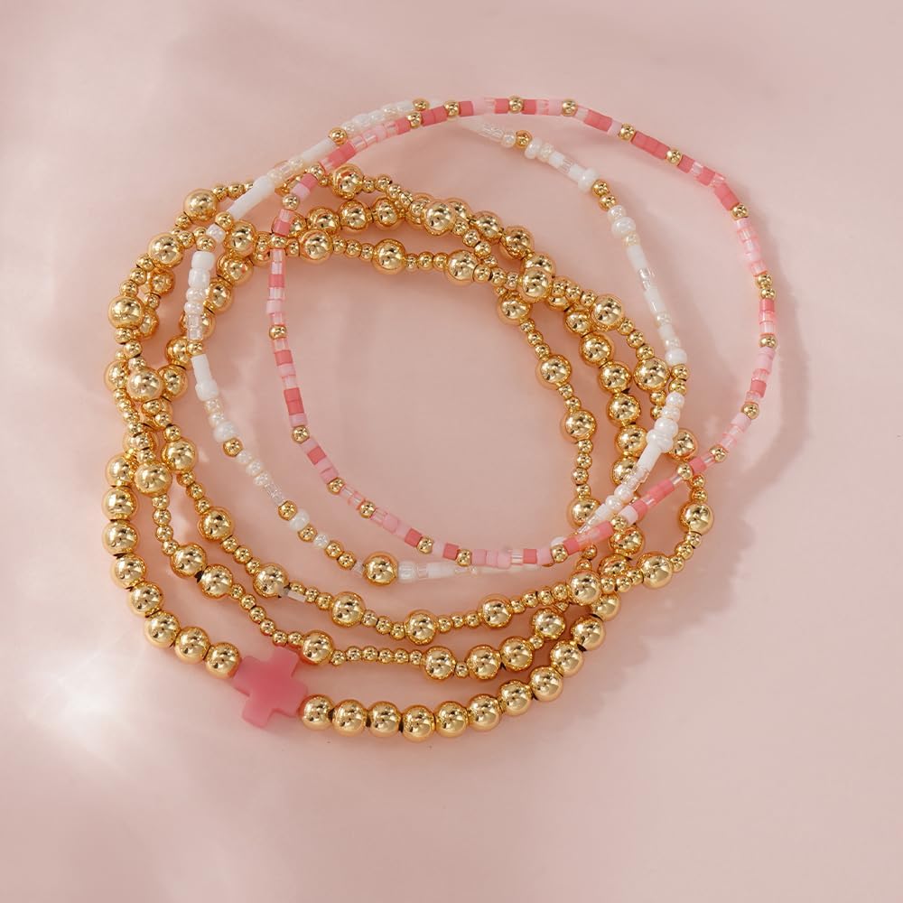 14K Gold Plated Cross Bracelets for Women Boho Stretch Stackable Dainty Colorful Seed Bead Beads Ball Pink Cross Bracelet Stack Non Tarnish Christian Jewelry Set Accessories Trendy Gift - Image 5