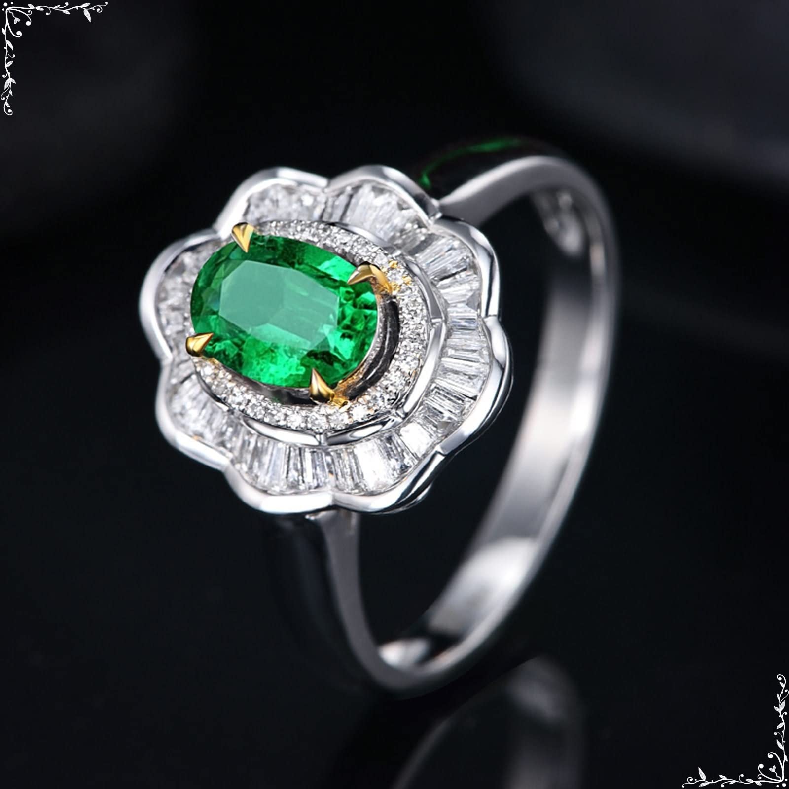 18K Oro Blanco 750 Anillo Pareja, 1.6 Quilates Esmeralda Anillos Mujer Finos Plata, Flor Anillos Compromiso Mujer Joyas de Boda Talla 6,75-25