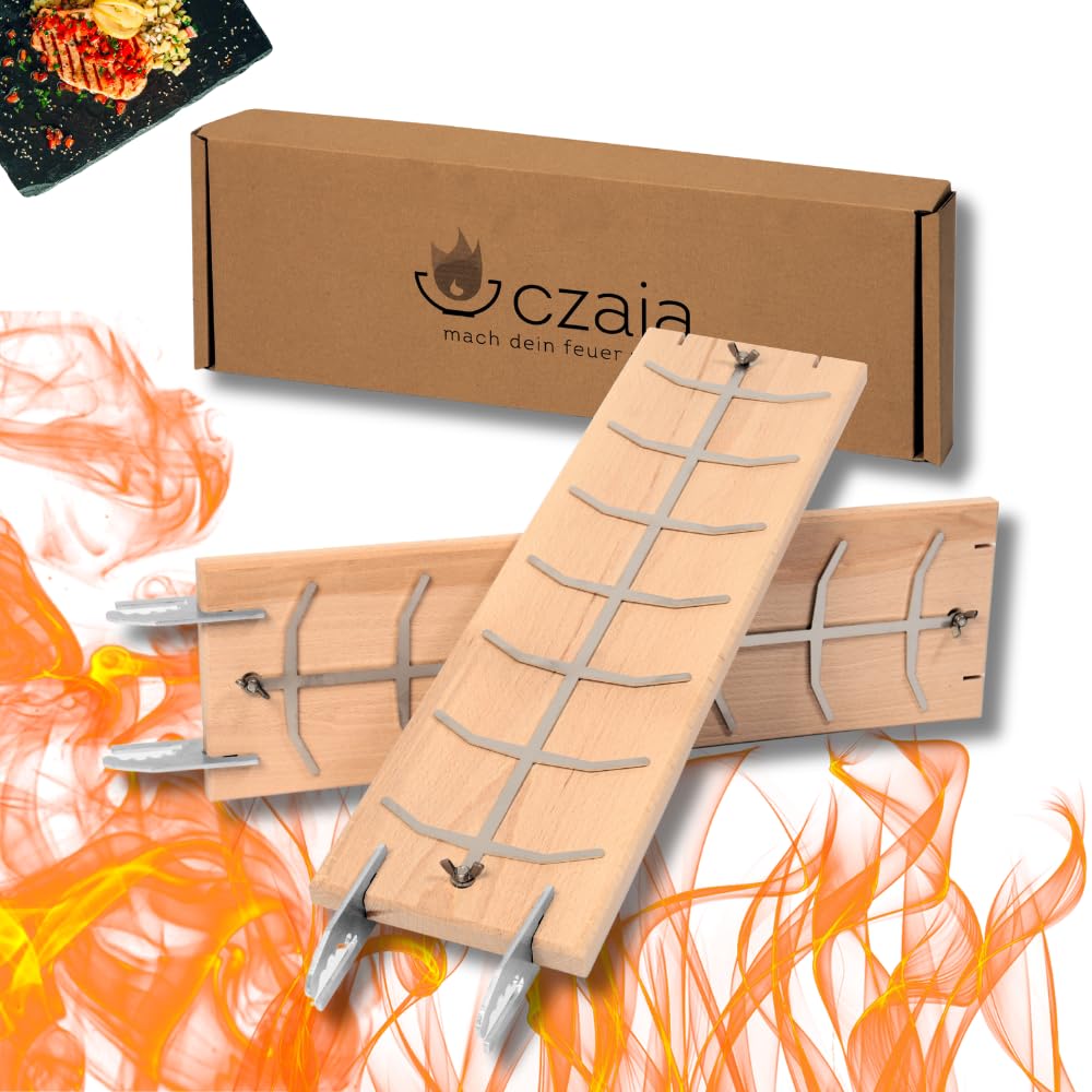 Czaja® Flammlachsbrett 2er Set für Feuerschale und Kugelgrill | Hergestellt in Deutschand | Nutzbar von Allen Seiten für höhere Lebensdauer | Flammlachsbretter aus Buche mit Edelstahl Halterung