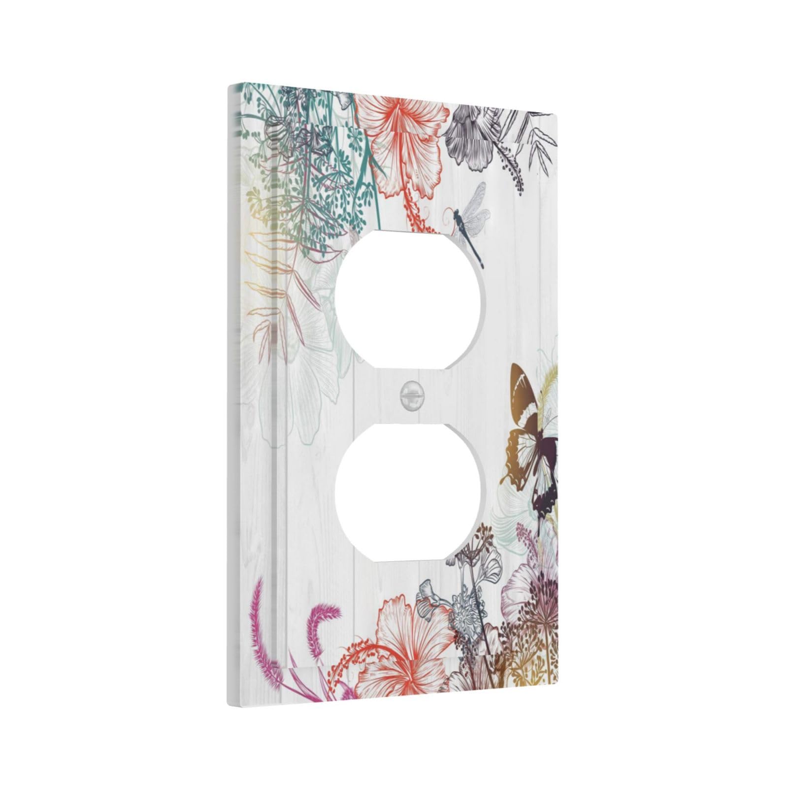 Xuejiaku Boho Flower Butterfly Dragonfly Rustic Wood Plank Single Duplex Wall Plate Covers Light Switch Cover 1 Gang Outlet Plate Decorative Switchplate Covers Electrical Faceplate for Bathroom Decor