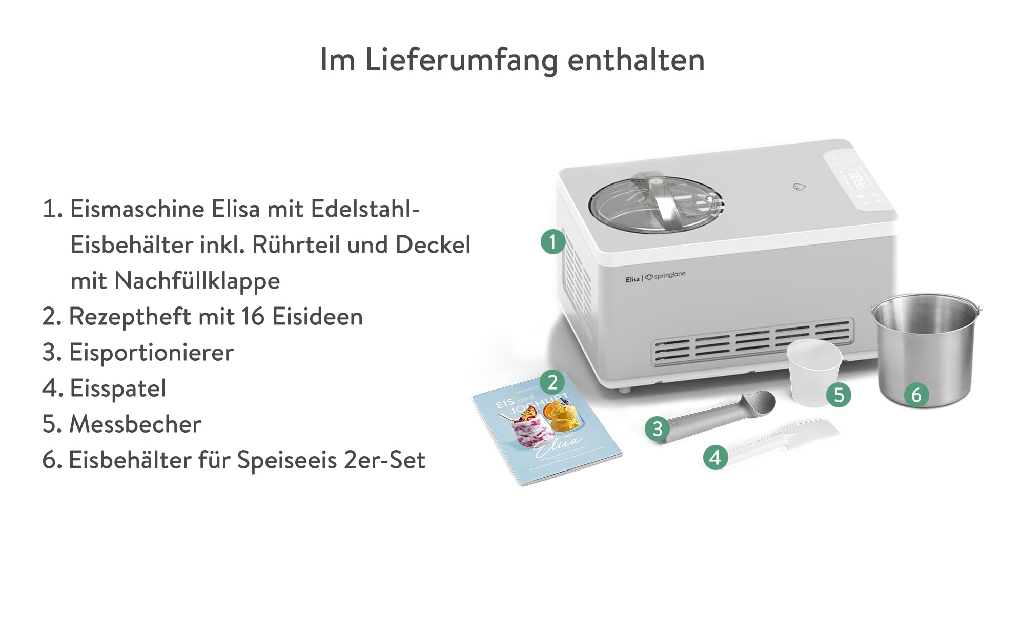 SPRINGLANE Sorbetière et yaourtière Elisa 2,0 L avec compresseur auto-refroidissant 180 W (Argent, avec accessoires et récipient en acier inoxydable)