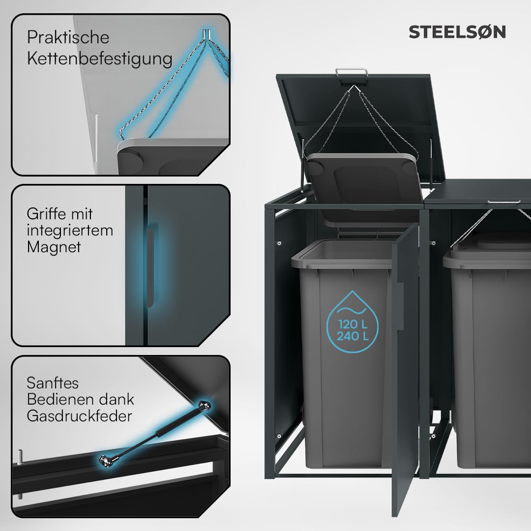 STEELSØN Thoria Mülltonnenbox 4er bis 240L – Mülltonnenverkleidung aus Stahl in Anthrazit – hochwertige Müllcontainer für 4 Tonnen – Müllbox wetterfest – UV-beständige Gerätebox/Mülltonnen Box