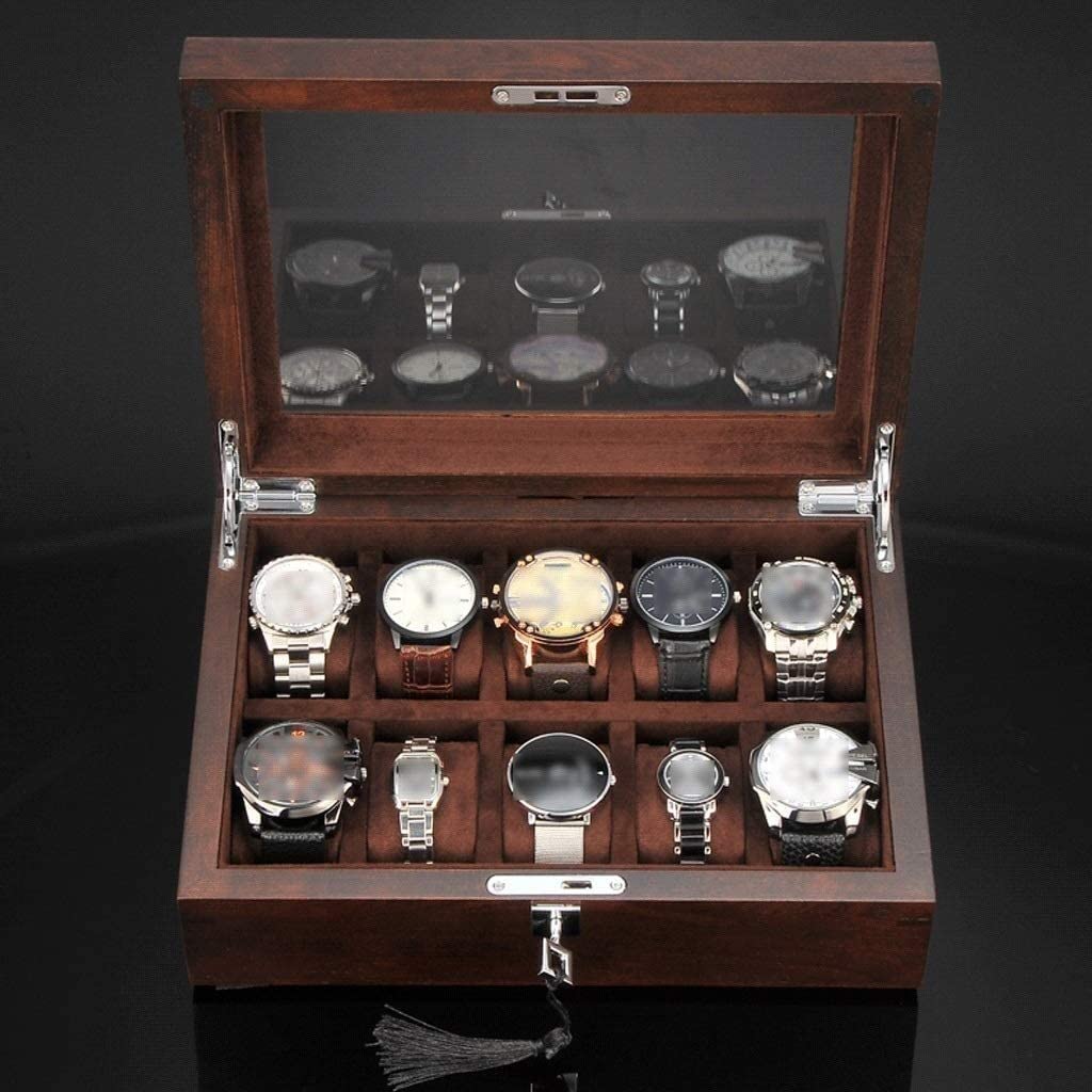 Uhrenrolle, Uhrengehäuse, Uhrenständer, Uhrenbox, Massivholz-Uhrenbox, 10 Fächer, hölzerne Schmuckschatulle mit Schlüssel und Glasplatte, Schmuckaufbewahrung, Organizer, Ausstellungsbox,
