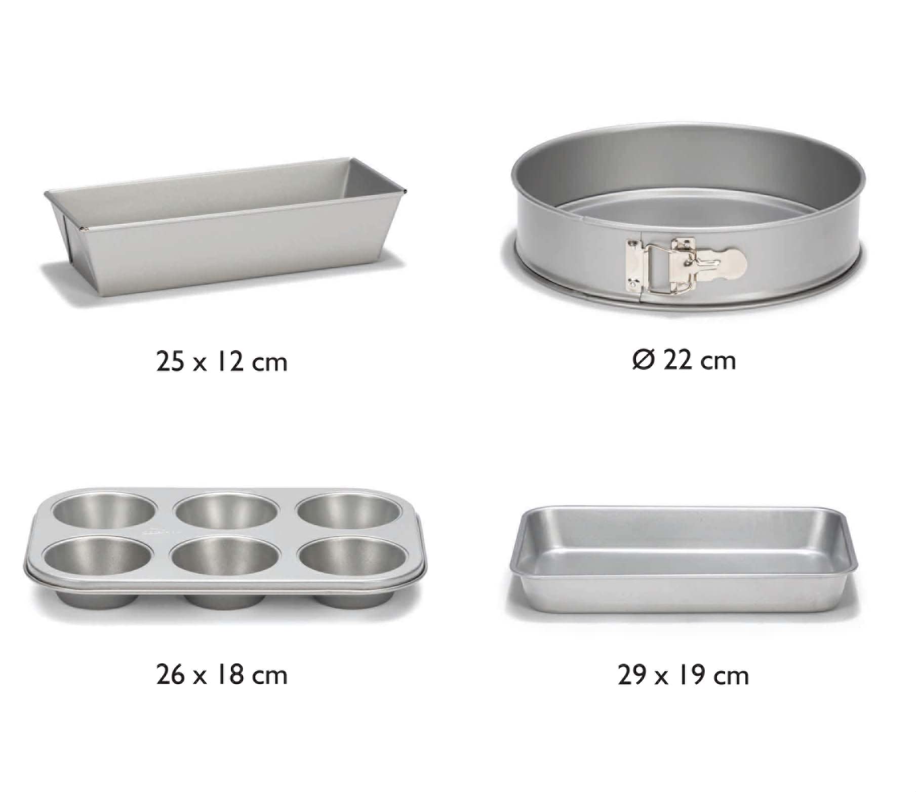 patisse 03673 – Set Assortiment de 4 moules à gâteaux indispensables en pâtisserie - Moule Cake + rectangulaire + Moule Muffins + Moule à manqué – Silver Top - Acier revêtu