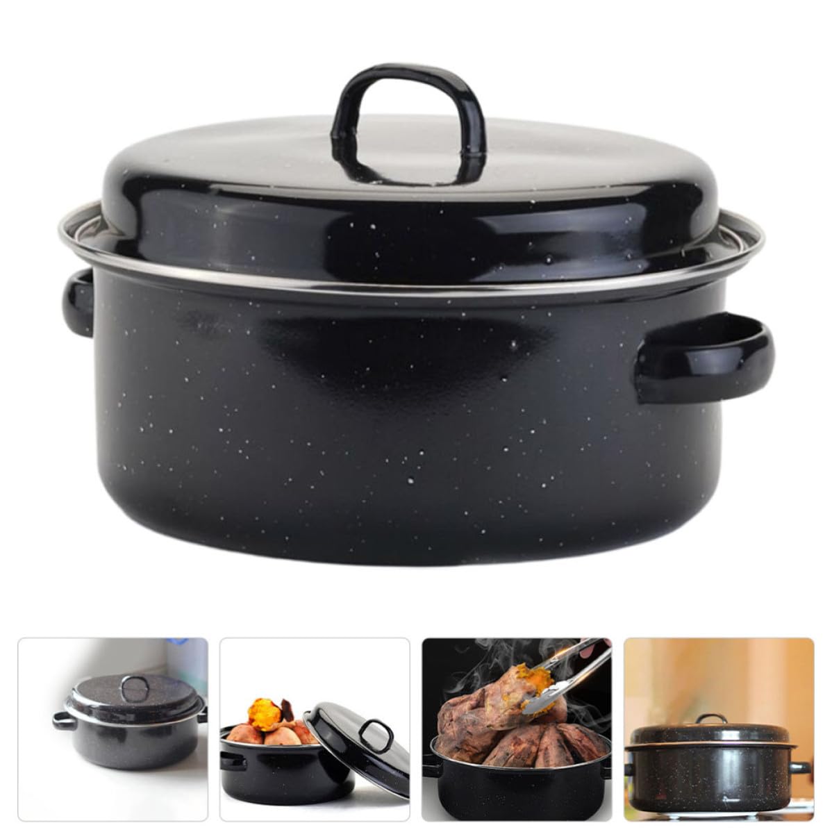 Sartén de Patatas y Castañas Asador Redondo Tapa, Hierro Esmaltado, Negro, Superficie Lisa, Fácil de Limpiar, para Patatas y Alimentos, Cocina Doméstica