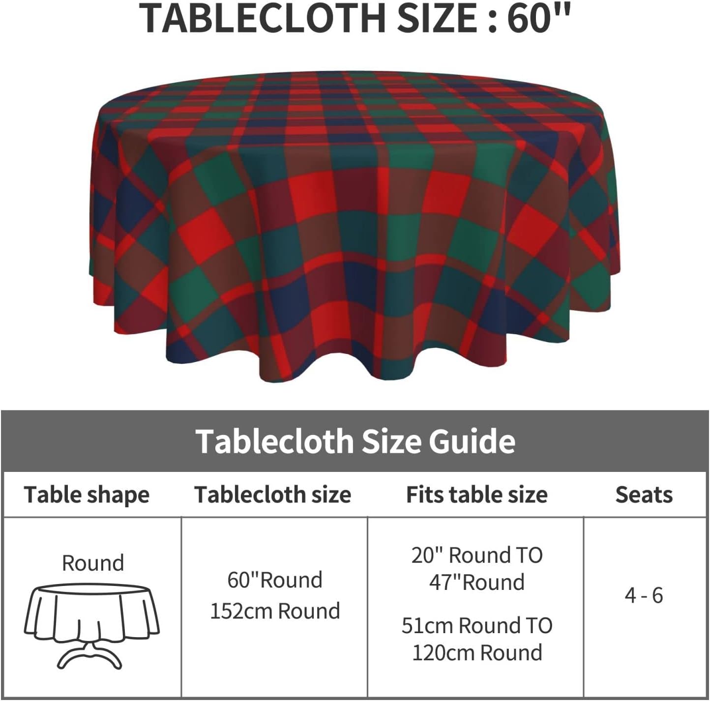 Tablecloth Round, Bright Red and Blue Plaid McGowan Tartan Washable Table Cover for Farmhouse Kitchen Dining Picnic Party Indoor Outdoor Table Mats 60 inch