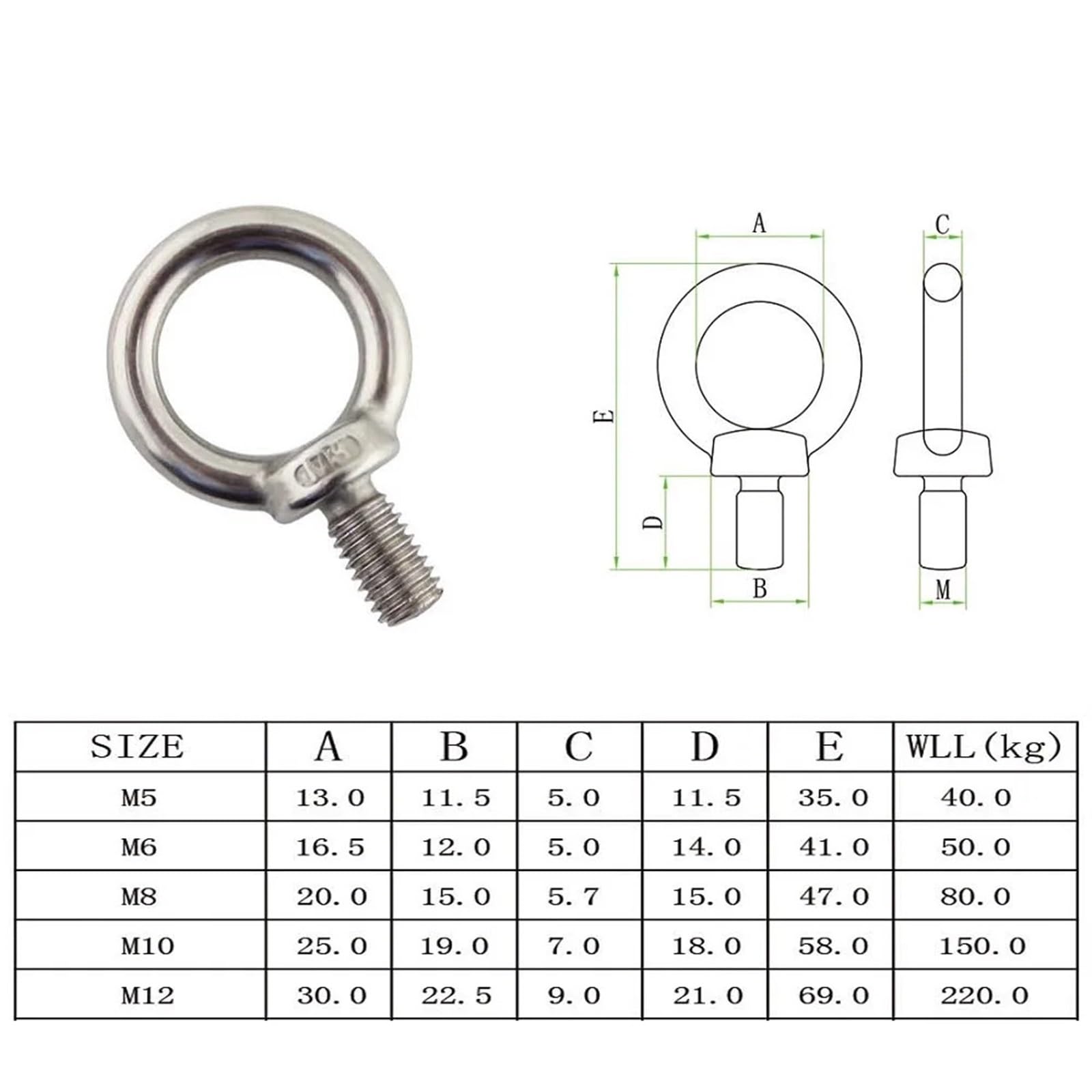 Tornillo De Anillo De ElevacióN M6 M8 M10 M12 Tornillo de cáncamo elevación astilla acero inoxidable 304 resistente for cable(5PCS,M12)