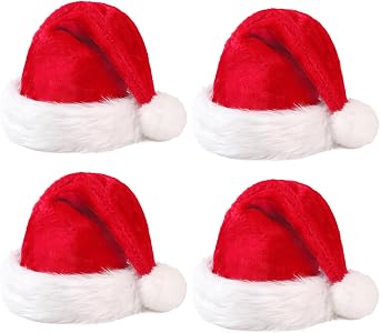 Jevrench Santa Hat 4-Pack, Double Layer Soft Velvet, Santa Hats Bulk for Adults, Thick Christmas Hats for Holiday Parties