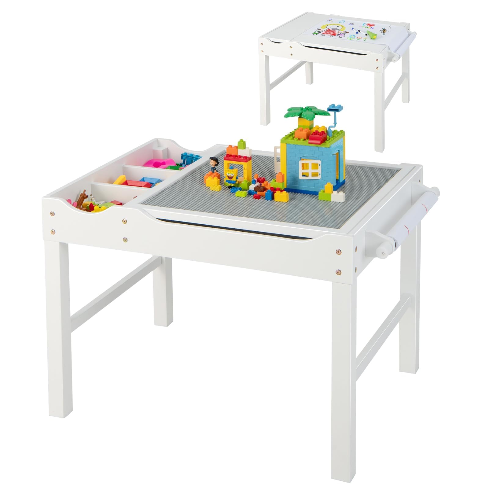 RELAX4LIFE Tavolo da Gioco per Bambini in Legno 80x60x57CM, Tavolo da Costruzione Reversibile con Vassoio a Doppia Faccia, Rotolo di Carta e Carta, 3 Cubi (BIANCO)