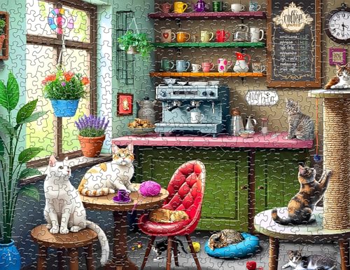 Rompecabezas Springbok 'Cat Café', 500 piezas, para adultos, piezas únicas, fabricado en EE.UU., materiales ecológicos con gatitos juguetones y ambiente acogedor de cafetería miniatura 4