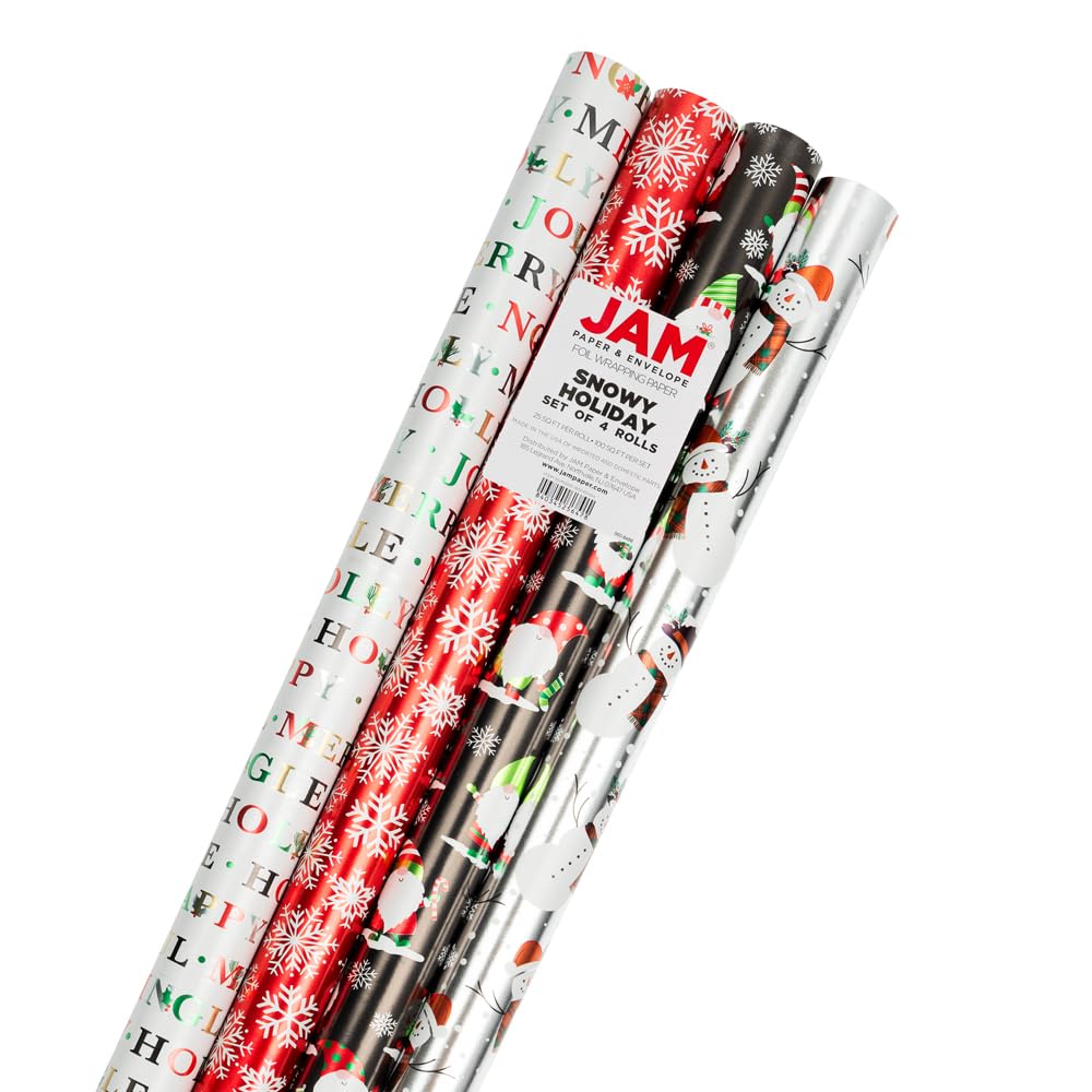 JAM Paper Geschenkpapier, Weihnachtsgeschenkpapier, 30 m² insgesamt, verschneite Feiertage, holografisches Set, 4 Rollen/Packung