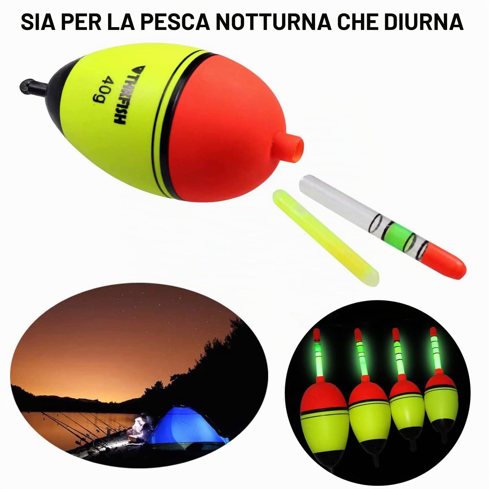 THKFISH Galleggianti da pesca Bobber da pesca luci di pesca 5 pezzi Bobber 5 g/15 g/30 g/40 g con 10 pezzi Bastoncini luminosi