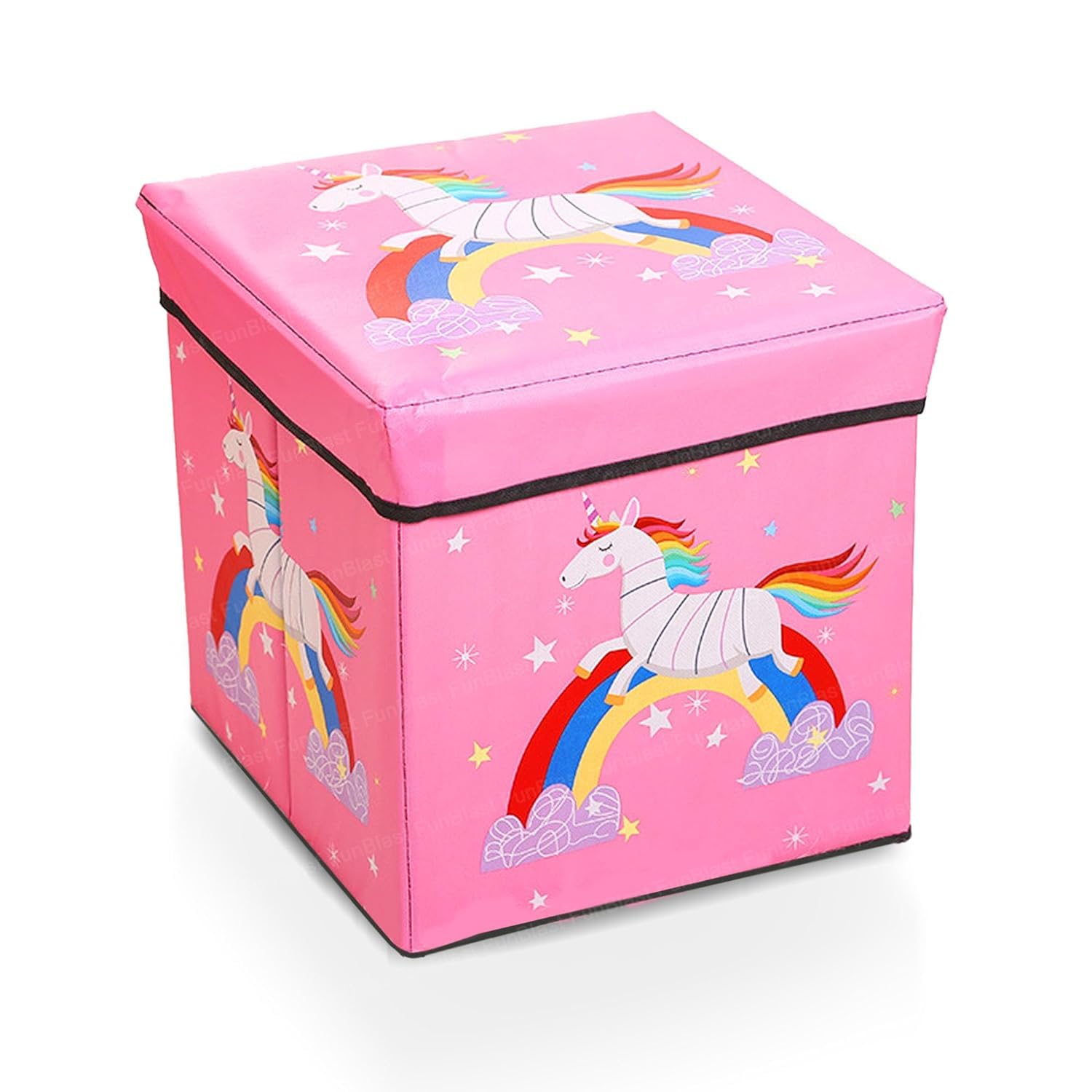 FunBlast Unicorn Foldable Storage Box - Multi-Functional Folding Storage Ottoman Box Organizer Cum Stool with Seat Cushion, Storage Boxes for Toys for Kids - Random Color & Print